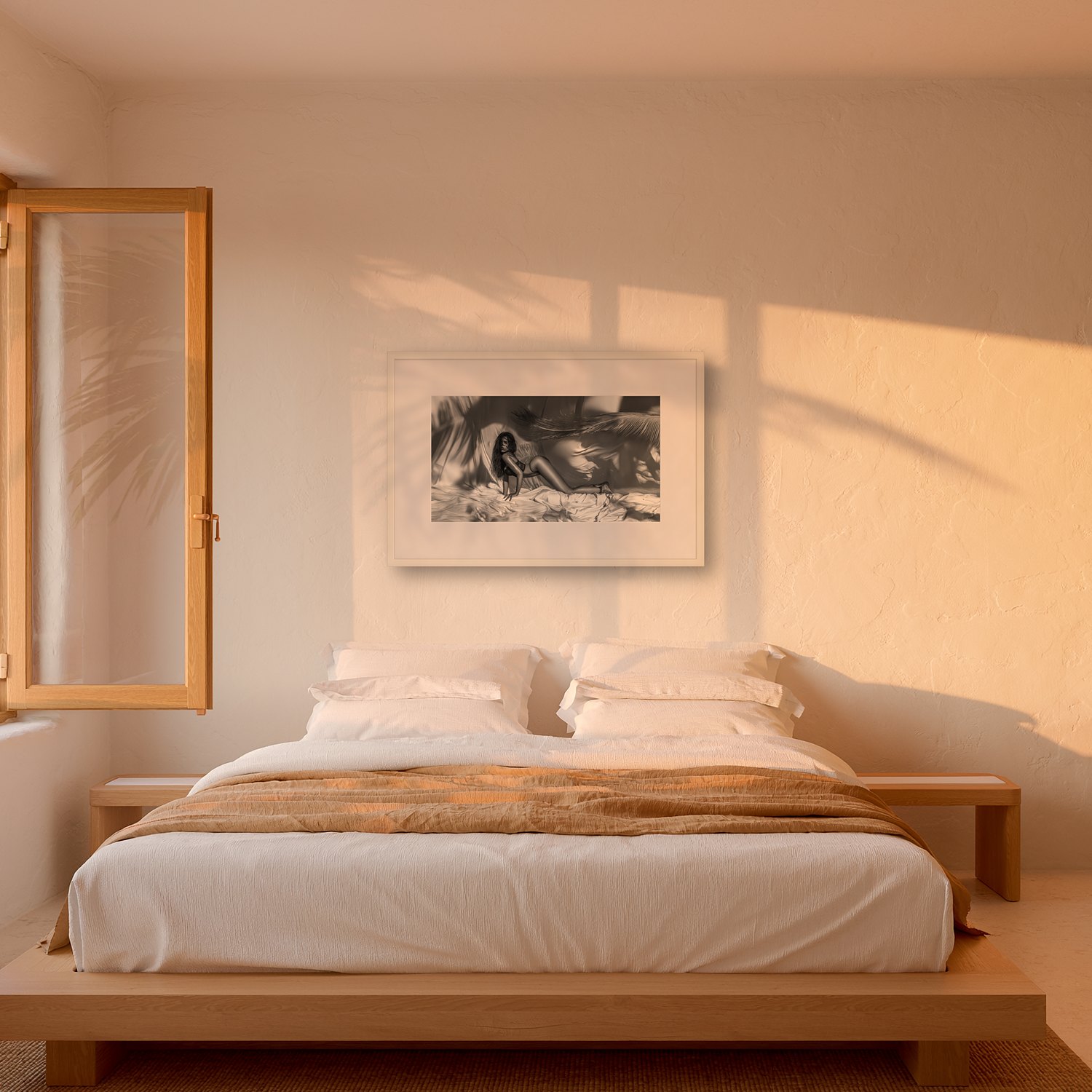 a mistery 2 A mistery – black & white fine art print by Marcus Boéll, framed, shown in a bedroom