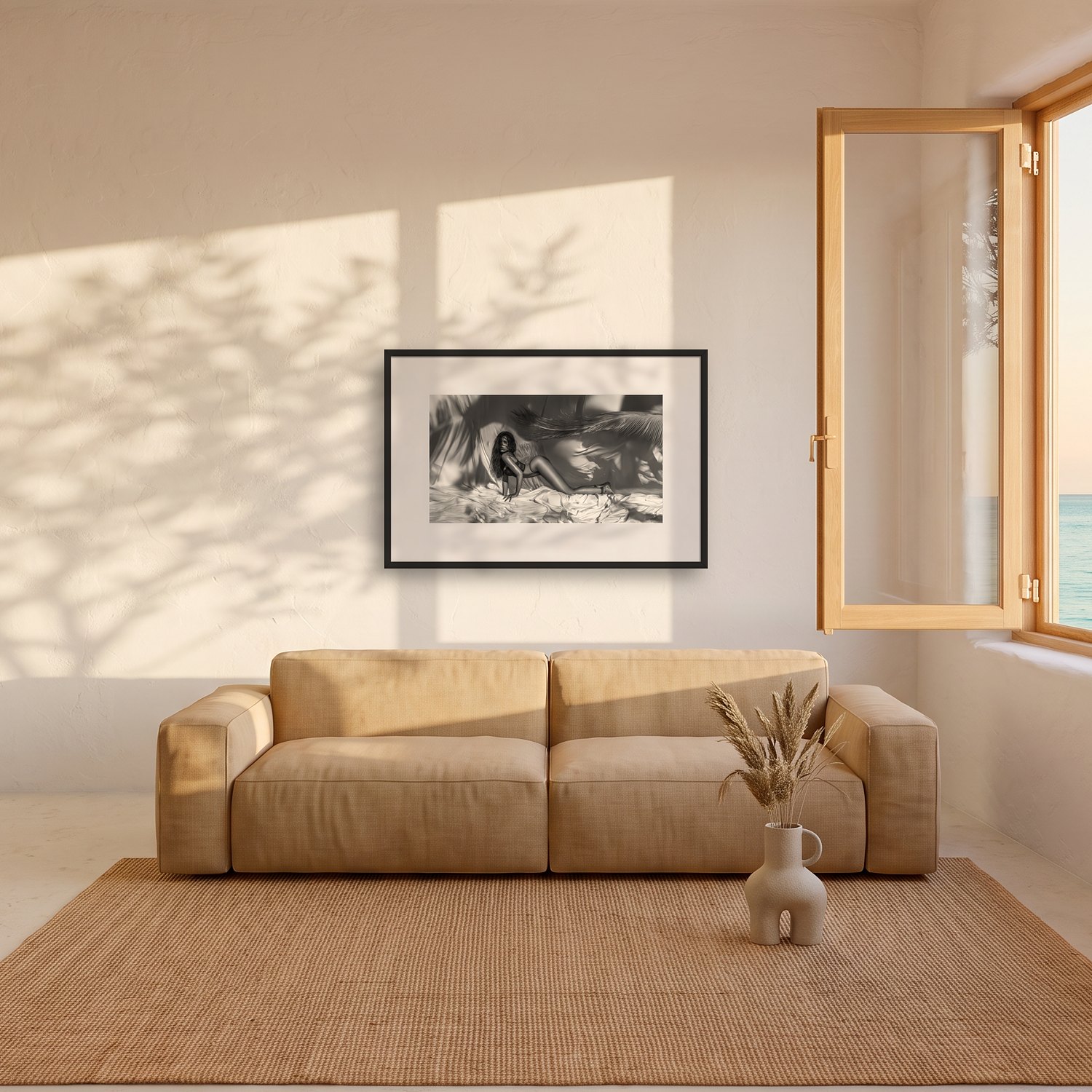 a mistery 3 A mistery – black & white fine art print by Marcus Boéll, framed, shown in a living room