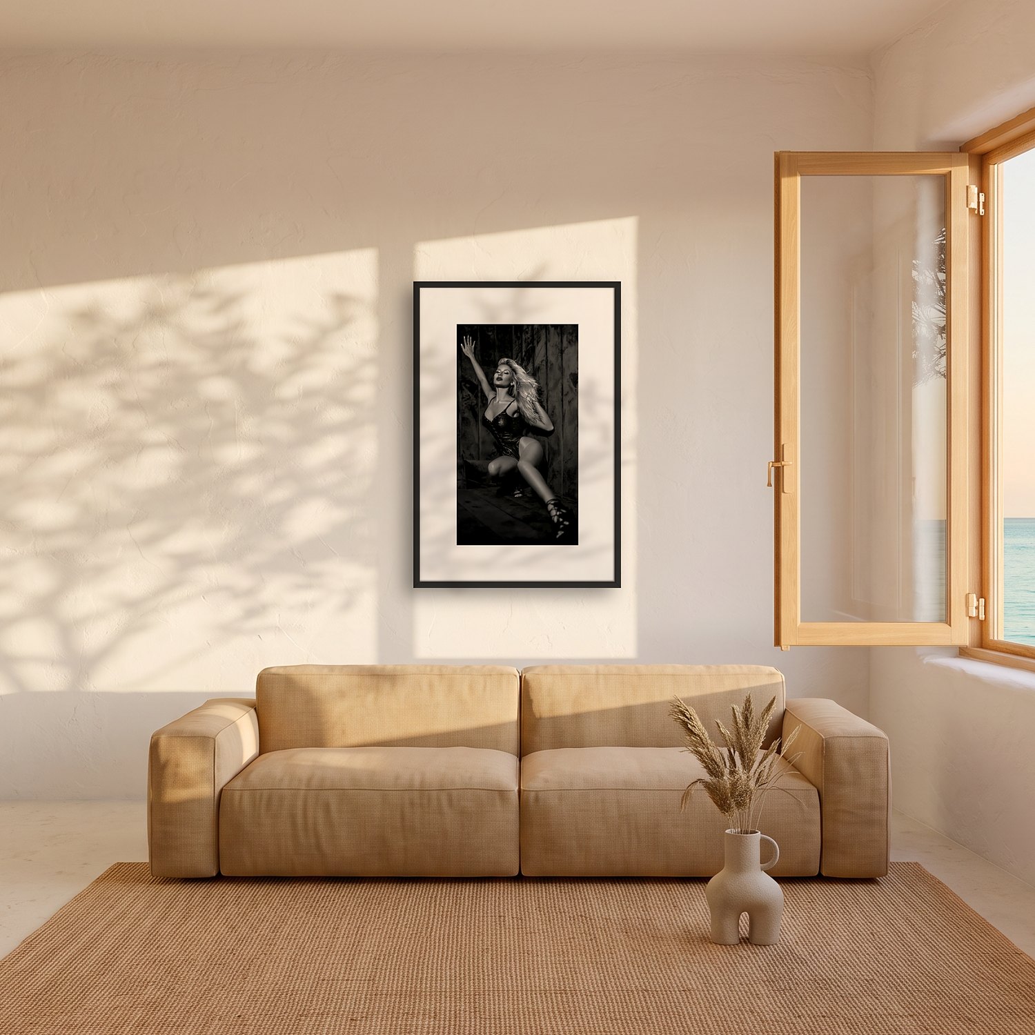 Andratx 2 Andratx – black & white fine art print by Marcus Boéll, framed, shown in a living room