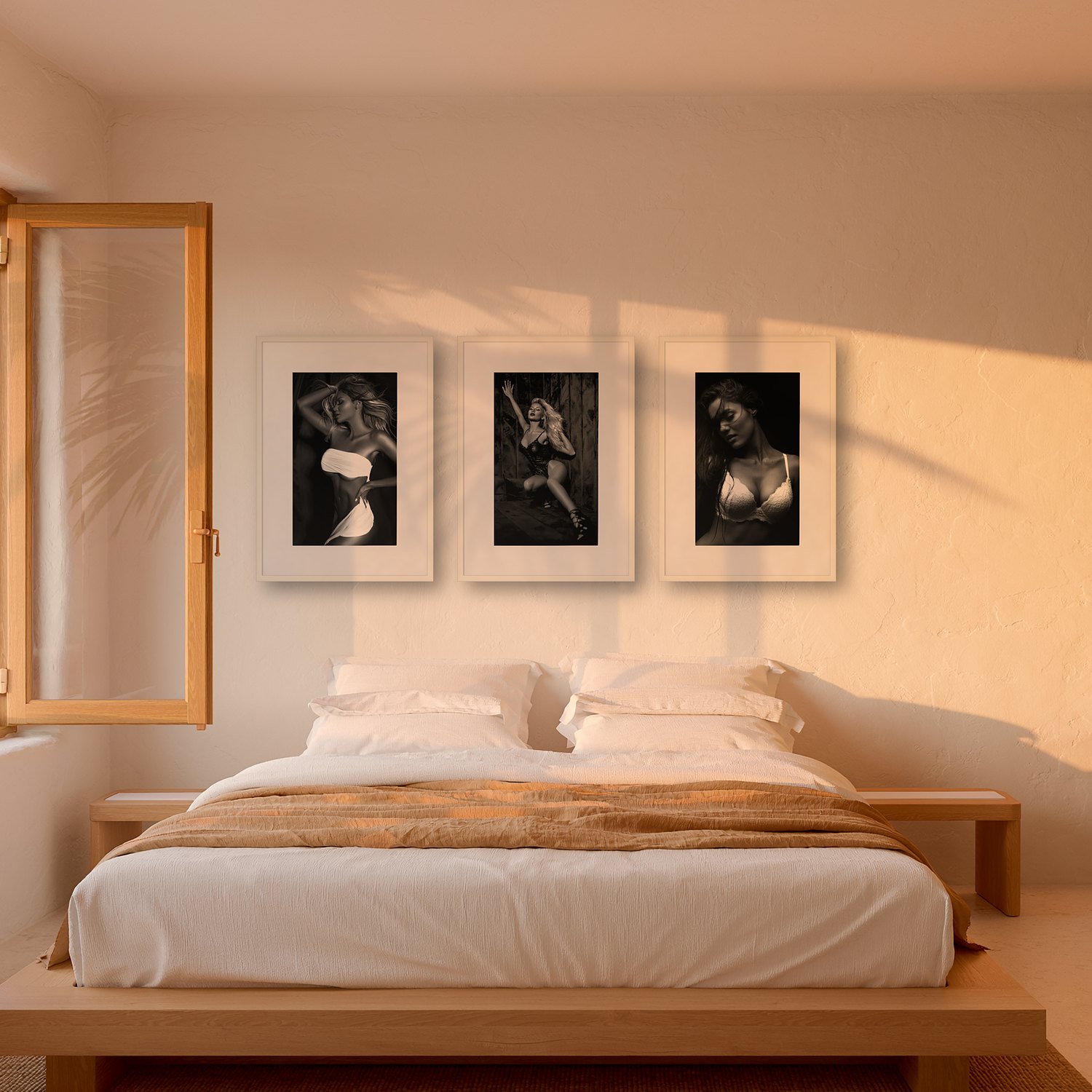 Andratx 3 Andratx – black & white fine art print by Marcus Boéll, framed, shown in a bedroom