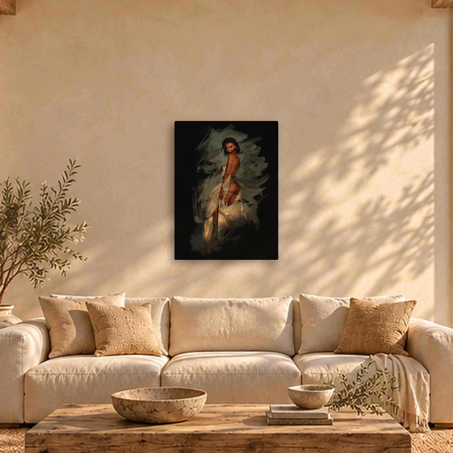 Ariany – Graphic Art · Black · Color 2 Ariany – graphic art canvas print by Marcus Boéll (black background, color), shown in a living room