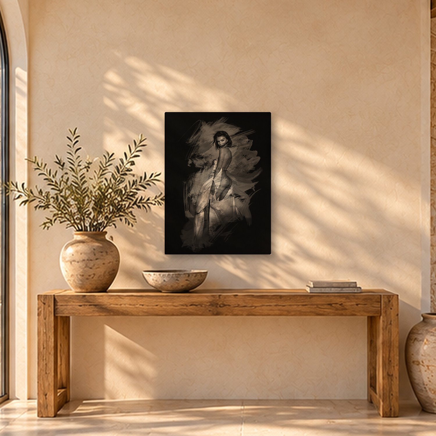 Ariany – Graphic Art · Black · Monochrome 2 Ariany – graphic art canvas print by Marcus Boéll (black background, monochrome), shown in an entrance hall