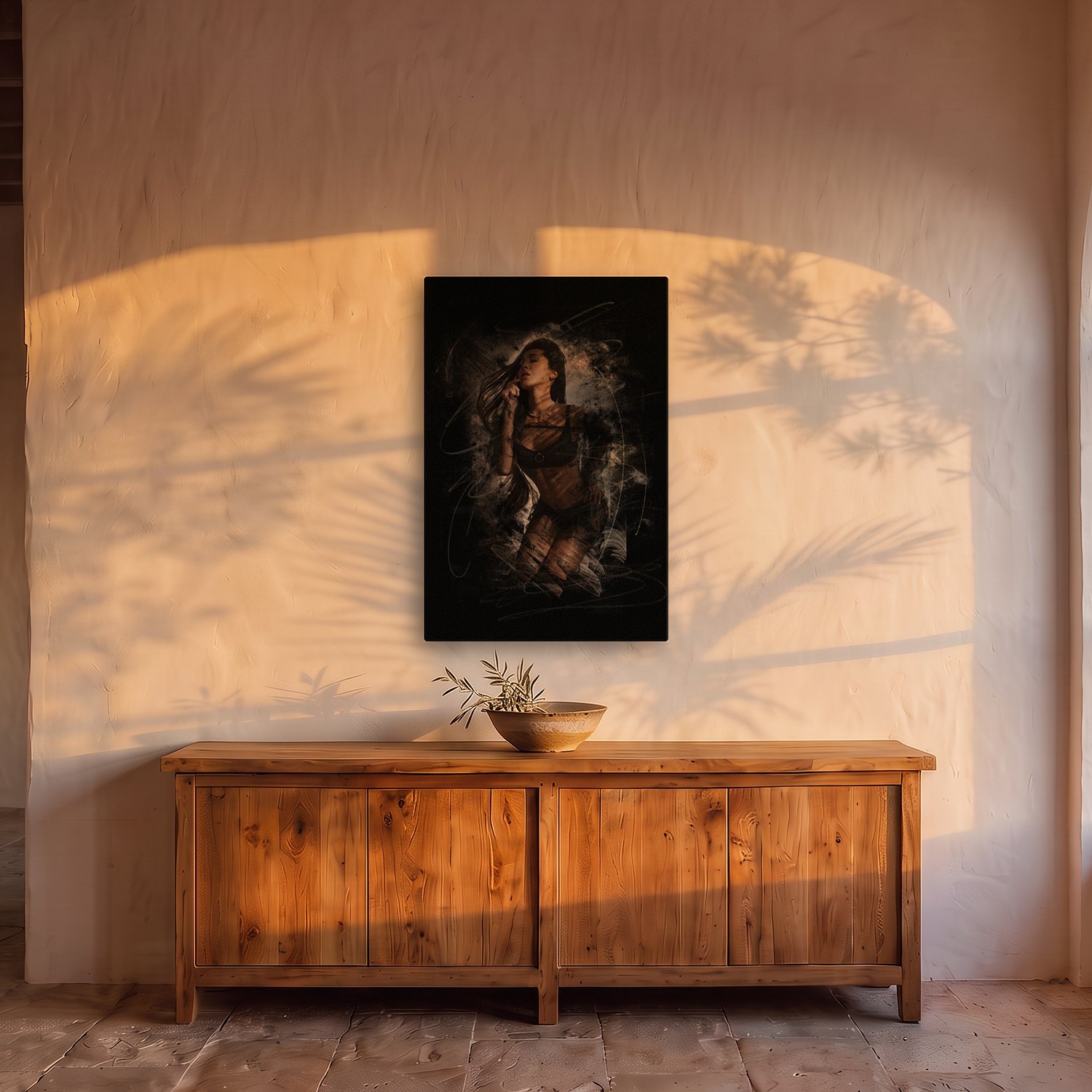 Artà – Graphic Art · Black · Color 2 Artà – graphic art canvas print by Marcus Boéll (black background, color), shown in a dining room