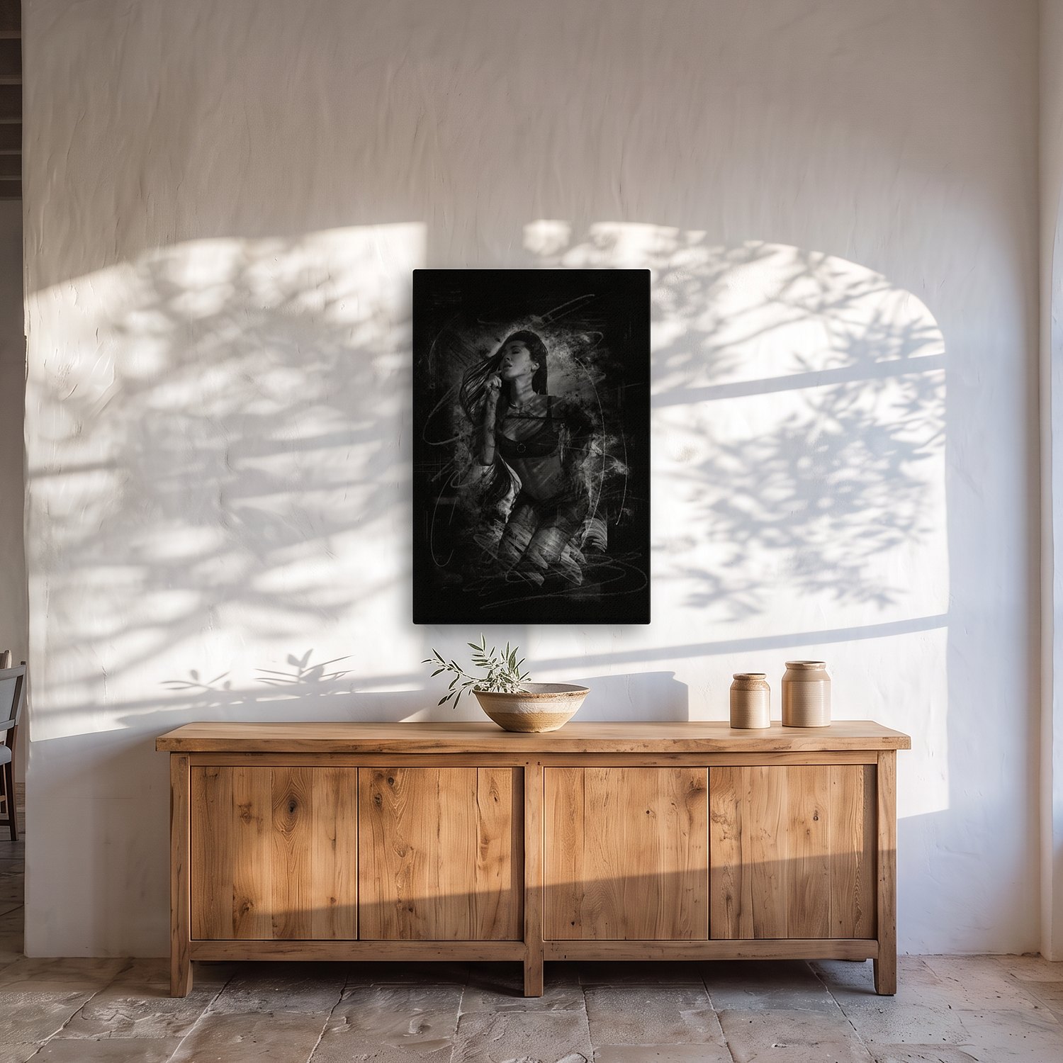 Artà – Graphic Art · Black · Monochrome 2 Artà – graphic art canvas print by Marcus Boéll (black background, monochrome), shown in a dining room