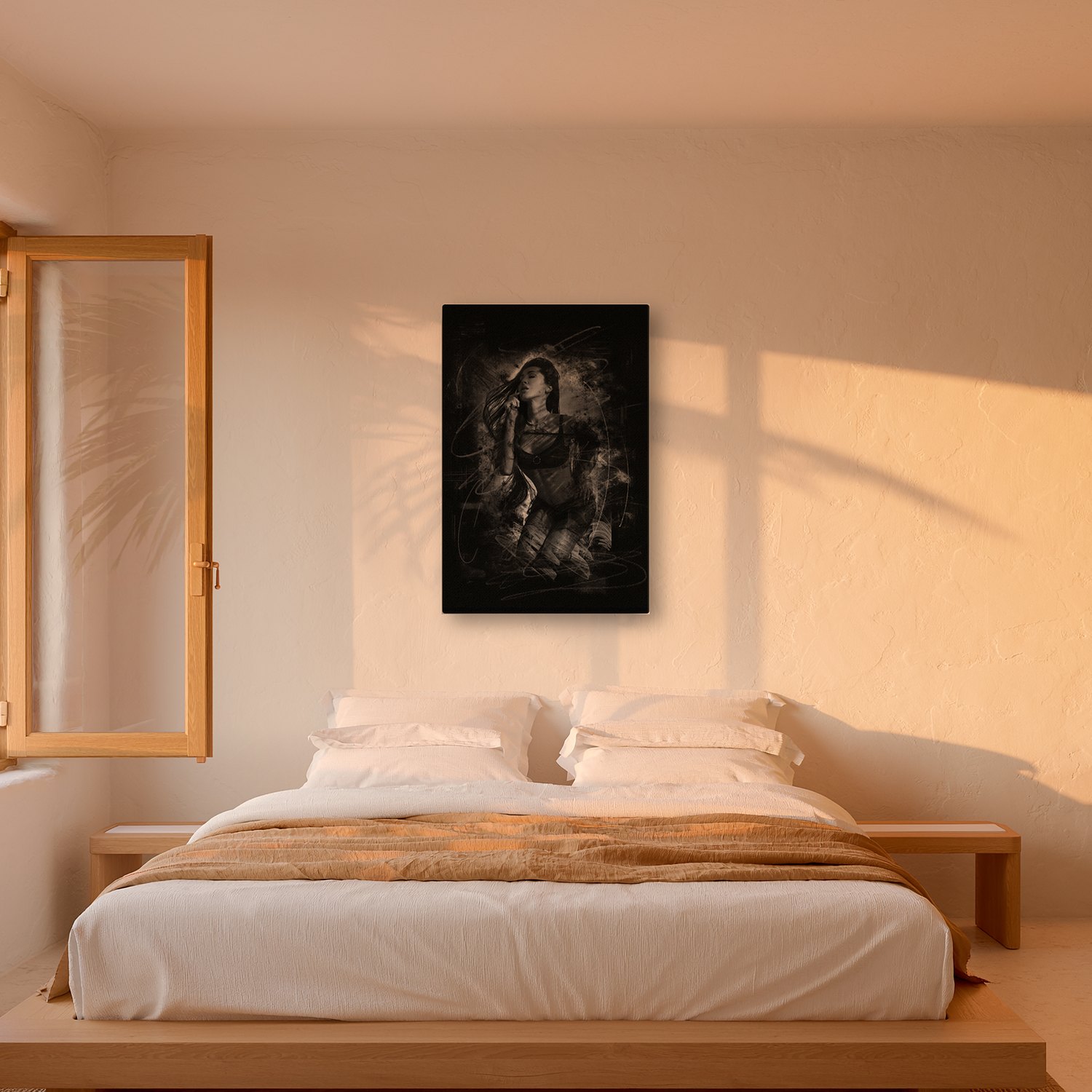 Artà – Graphic Art · Black · Monochrome 3 Artà – graphic art canvas print by Marcus Boéll (black background, monochrome), shown in a bedroom