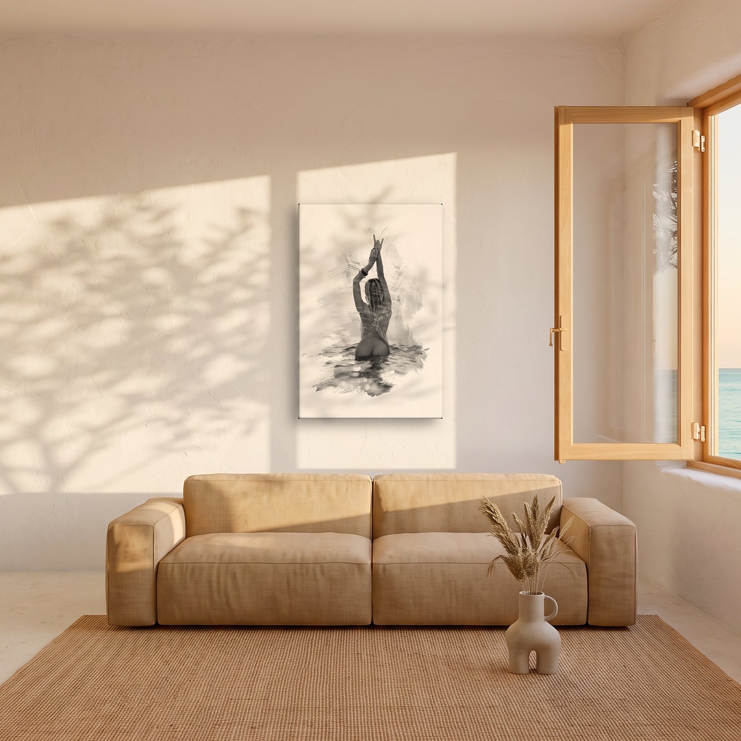 Betlem – Graphic Art · White · Monochrome 2 Betlem – graphic art canvas print by Marcus Boéll (white background, monochrome), shown in a living room