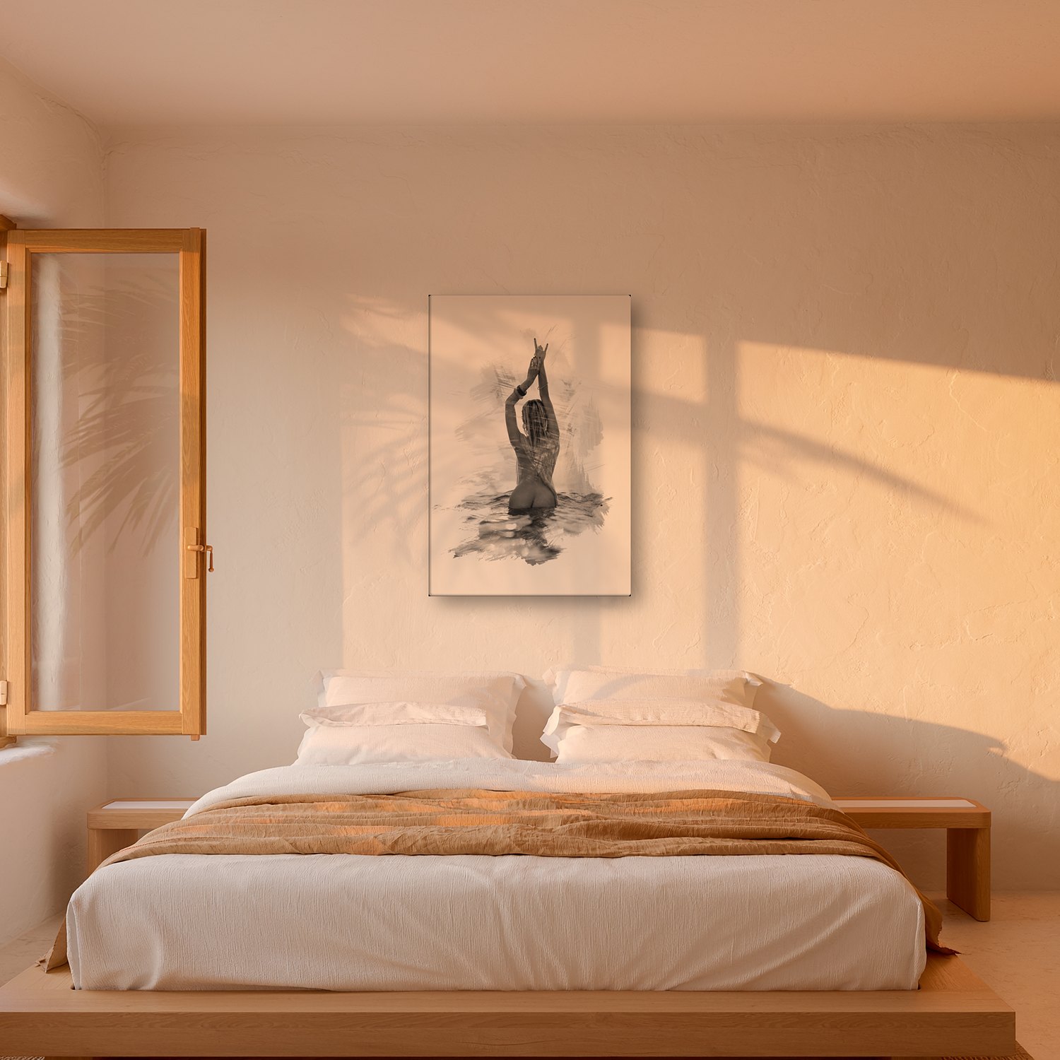 Betlem – Graphic Art · White · Monochrome 3 Betlem – graphic art canvas print by Marcus Boéll (white background, monochrome), shown in a bedroom