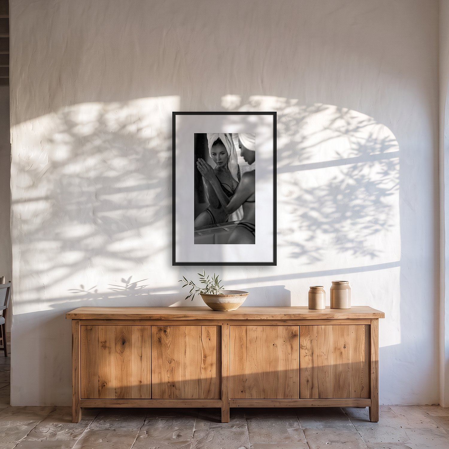 Binissalem 2 Binissalem – black & white fine art print by Marcus Boéll, framed, shown in a dining room