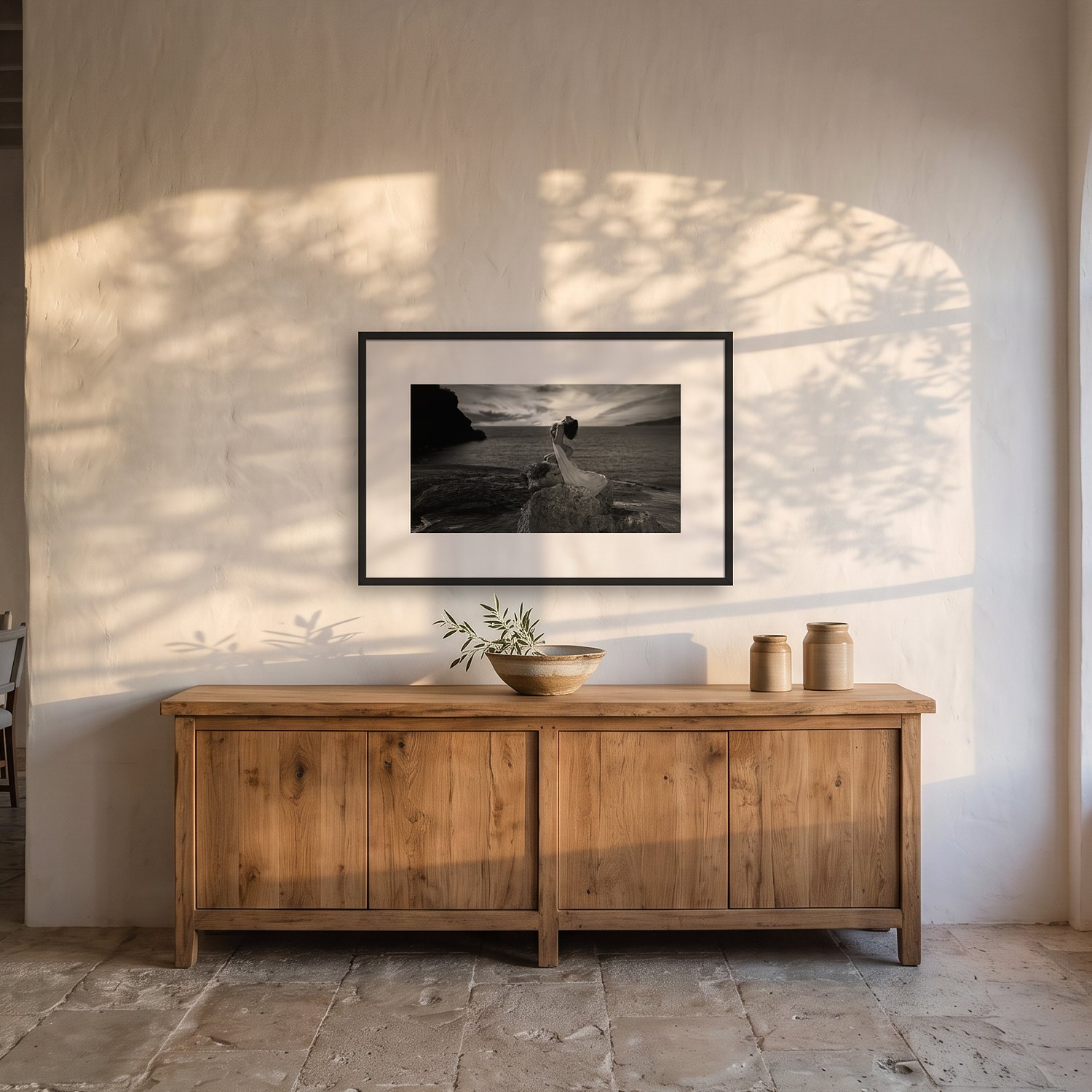 bless the morning 3 Bless the morning – black & white fine art print by Marcus Boéll, framed, shown in a dining room
