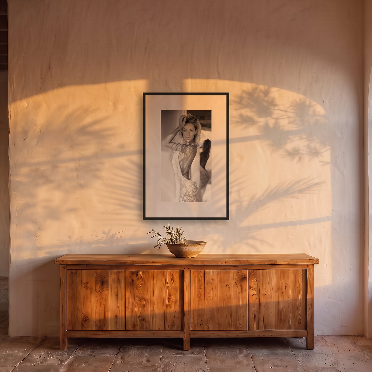 Bon Any 2 Bon Any – black & white fine art print by Marcus Boéll, framed, shown in a dining room