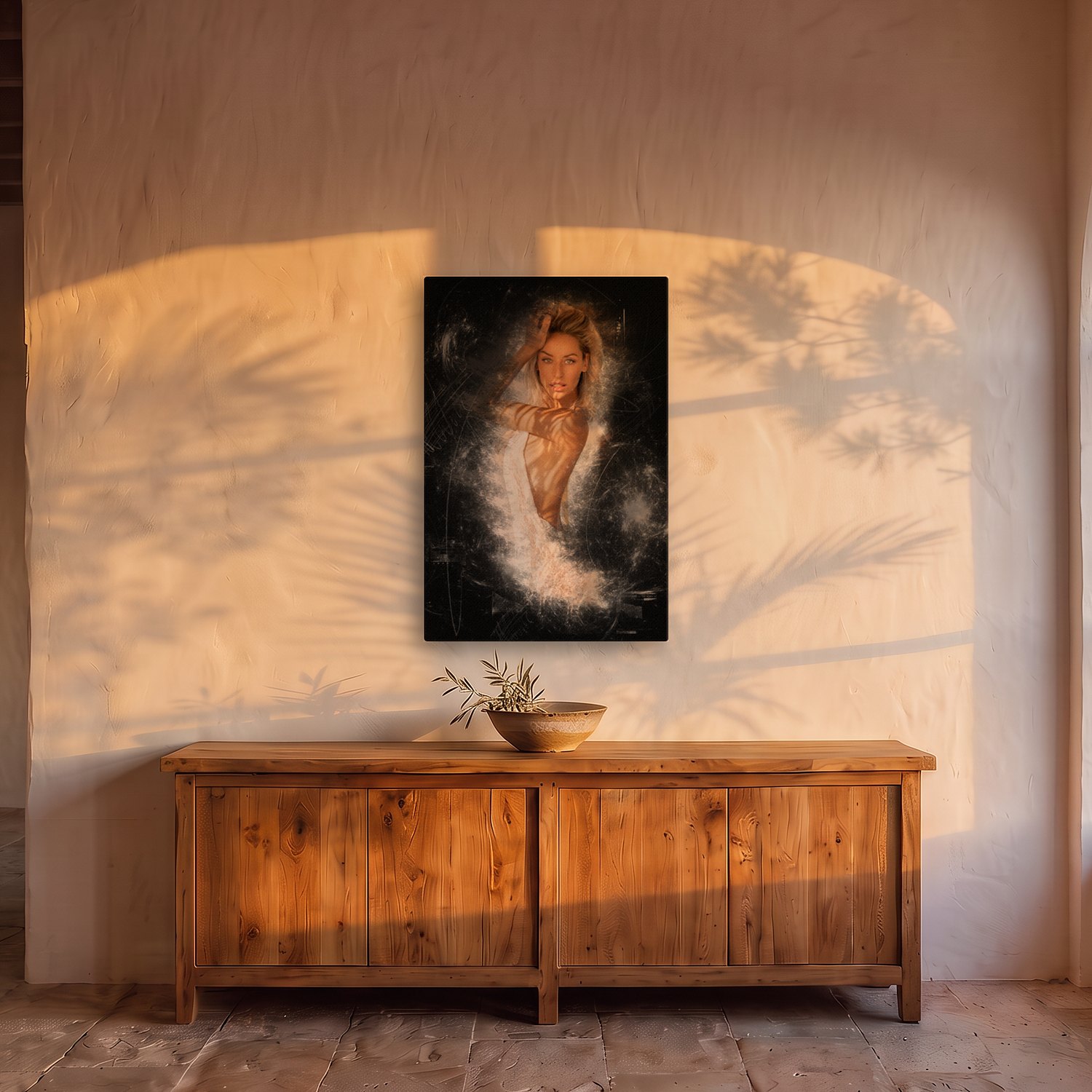 Bon Any – Graphic Art · Black · Color 2 Bon Any – graphic art canvas print by Marcus Boéll (black background, color), shown in a dining room