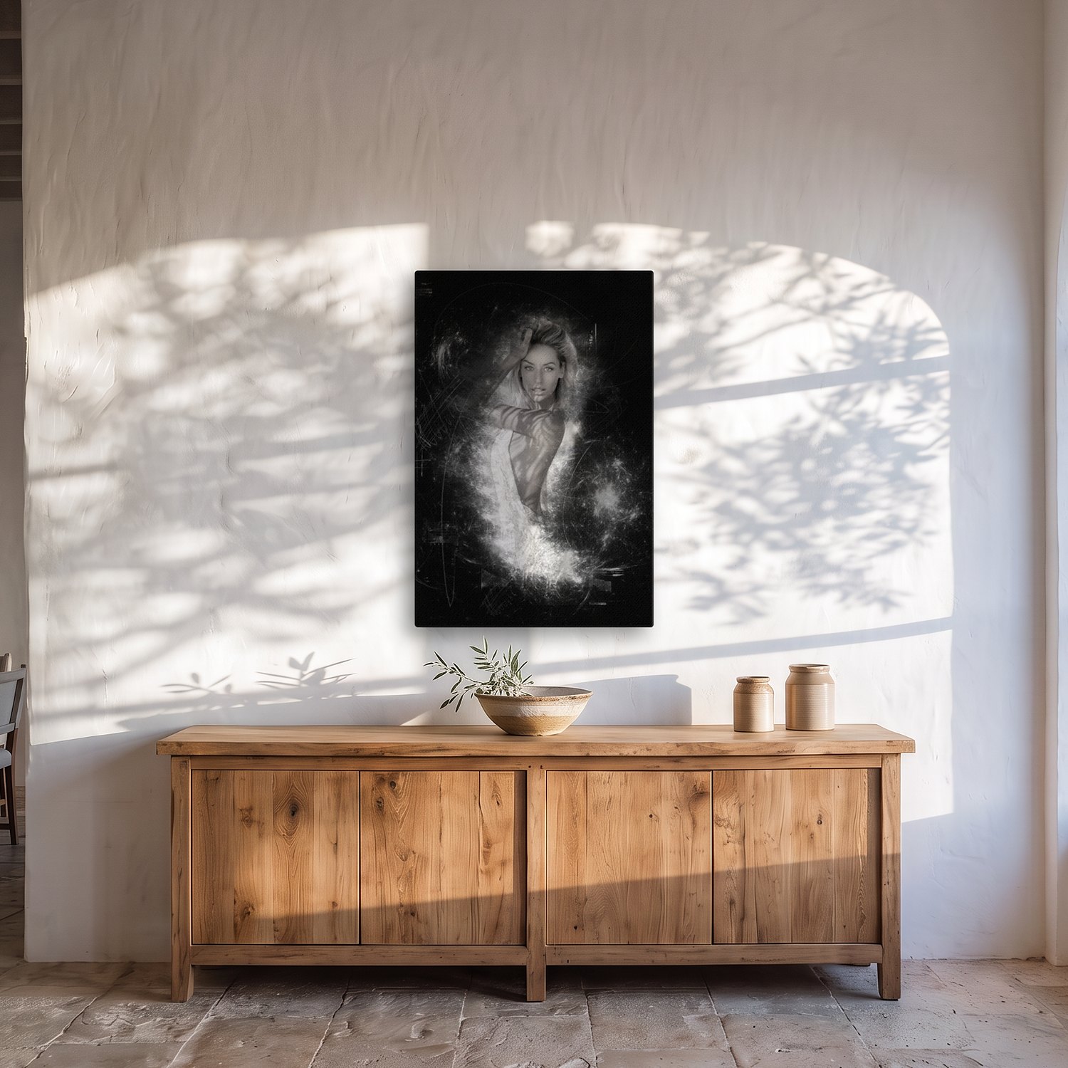 Bon Any – Graphic Art · Black · Monochrome 2 Bon Any – graphic art canvas print by Marcus Boéll (black background, monochrome), shown in a dining room