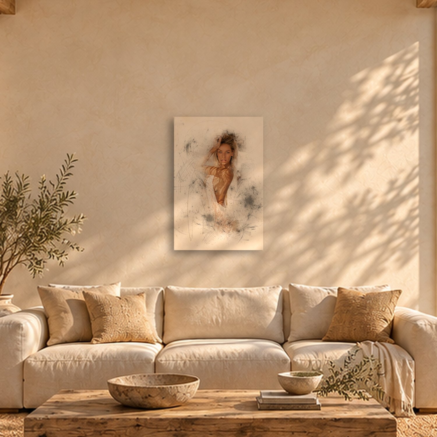 Bon Any – Graphic Art · White · Color 2 Bon Any – graphic art canvas print by Marcus Boéll (white background, color), shown in a living room