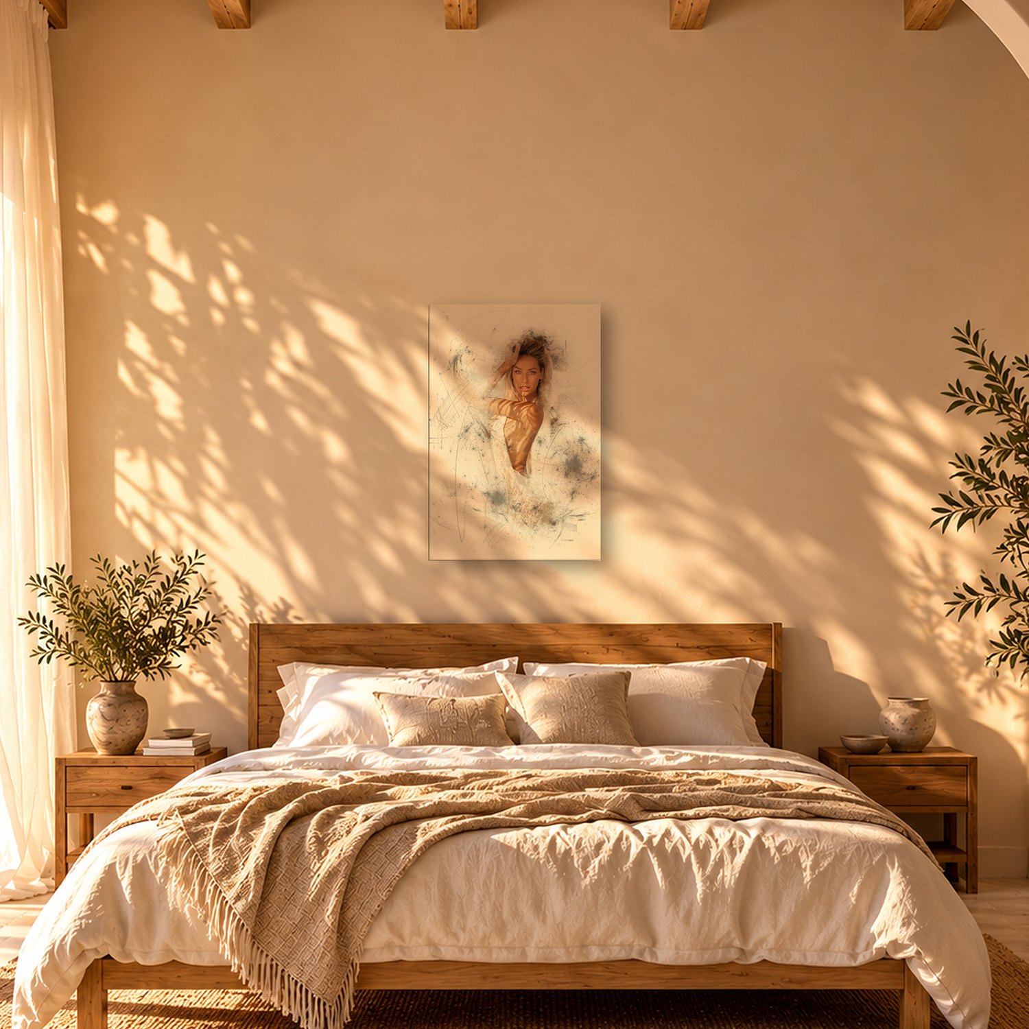 Bon Any – Graphic Art · White · Color 3 Bon Any – graphic art canvas print by Marcus Boéll (white background, color), shown in a bedroom