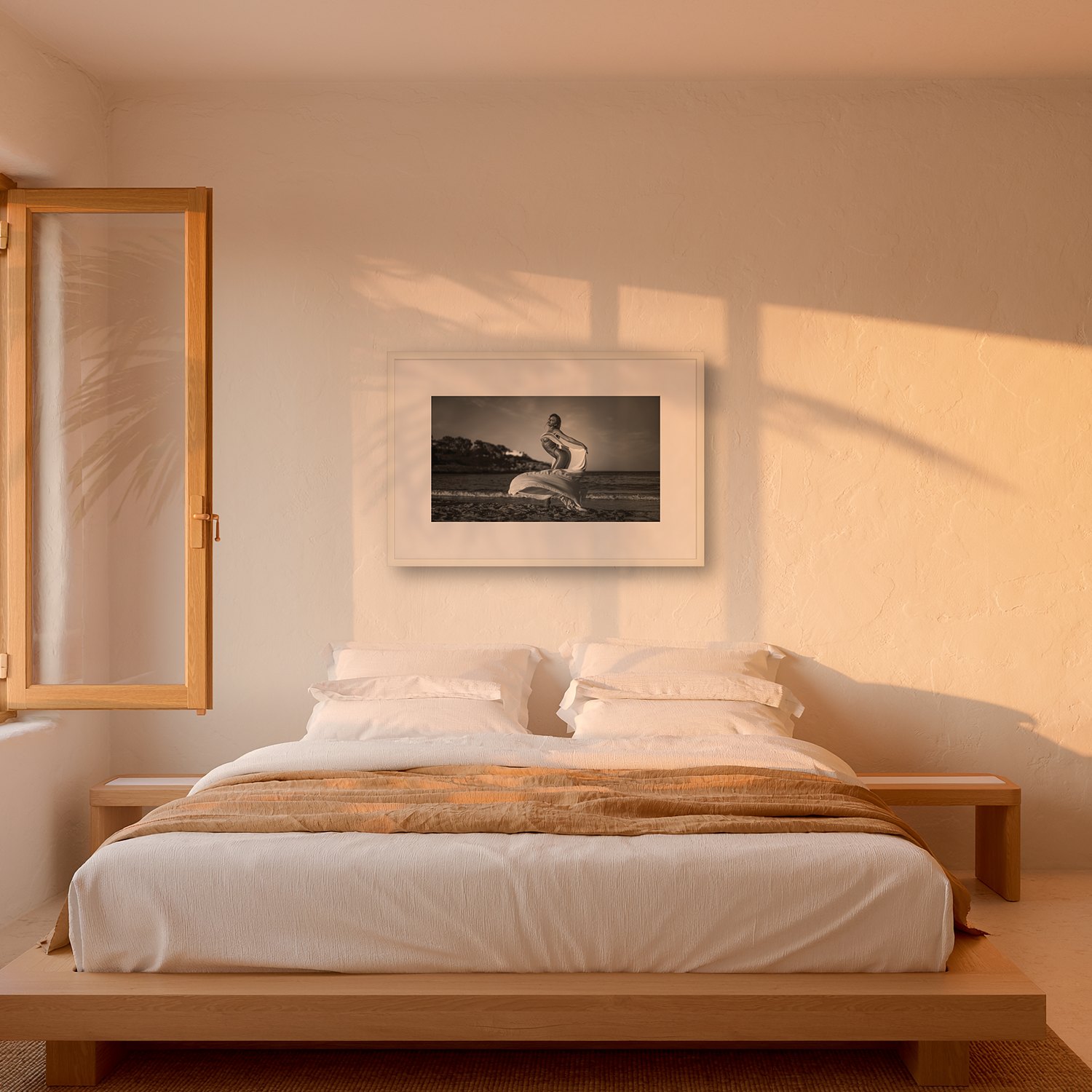 Cala Figuera – Landscape 2 Cala Figuera – black & white fine art print by Marcus Boéll, framed, shown in a bedroom