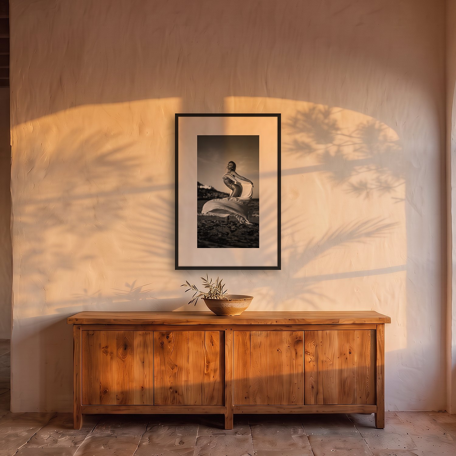 Cala Figuera – Portrait 2 Cala Figuera – black & white fine art print by Marcus Boéll, framed, shown in a dining room
