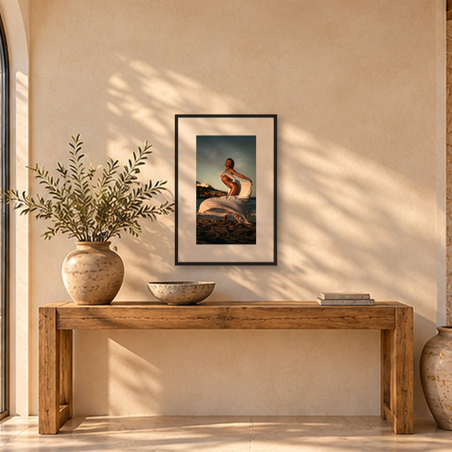 Cala Figuera – Portrait 2 Cala Figuera – color fine art print by Marcus Boéll, framed, shown in a living room