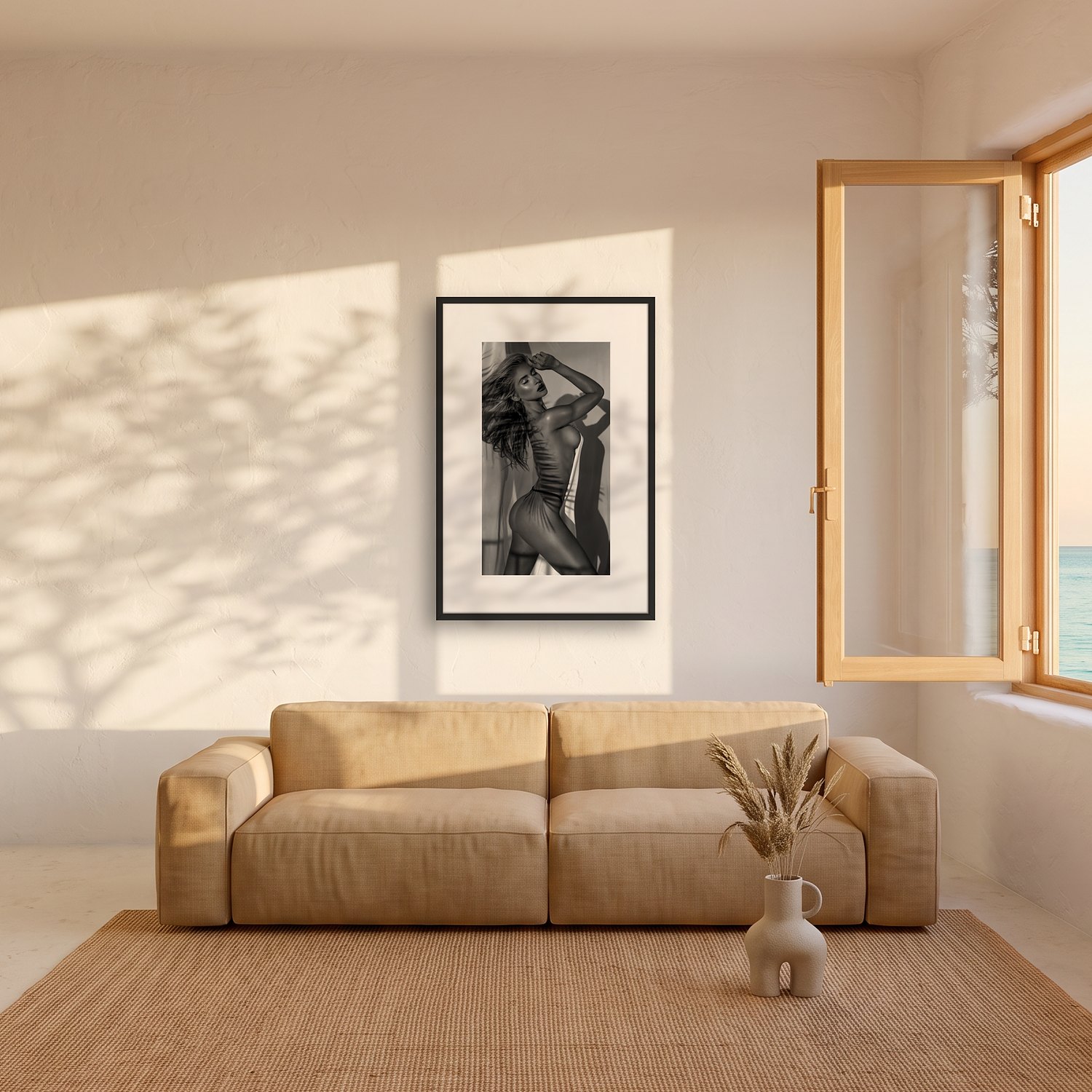 Can Picafort 2 Can Picafort – black & white fine art print by Marcus Boéll, framed, shown in a living room