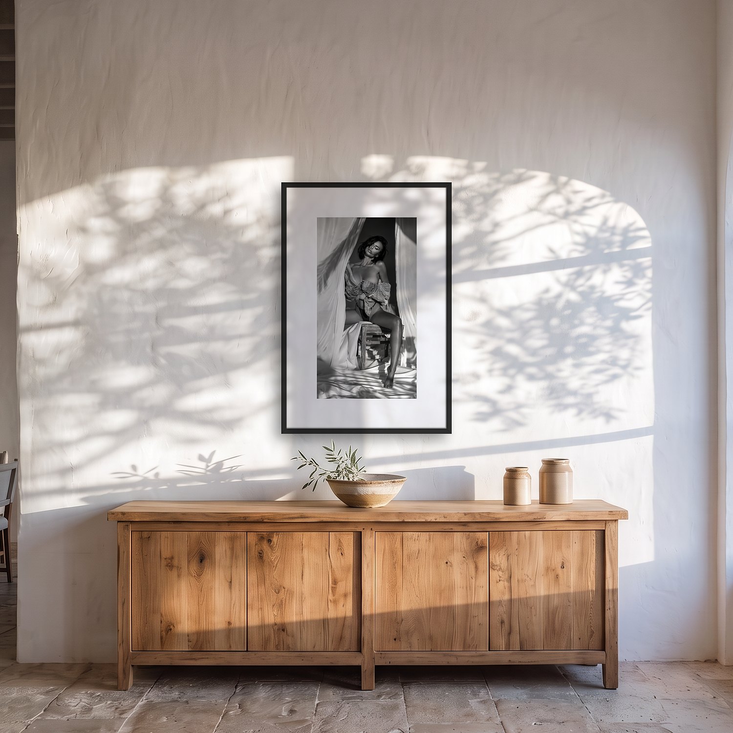 Canyamel 2 Canyamel – black & white fine art print by Marcus Boéll, framed, shown in a dining room