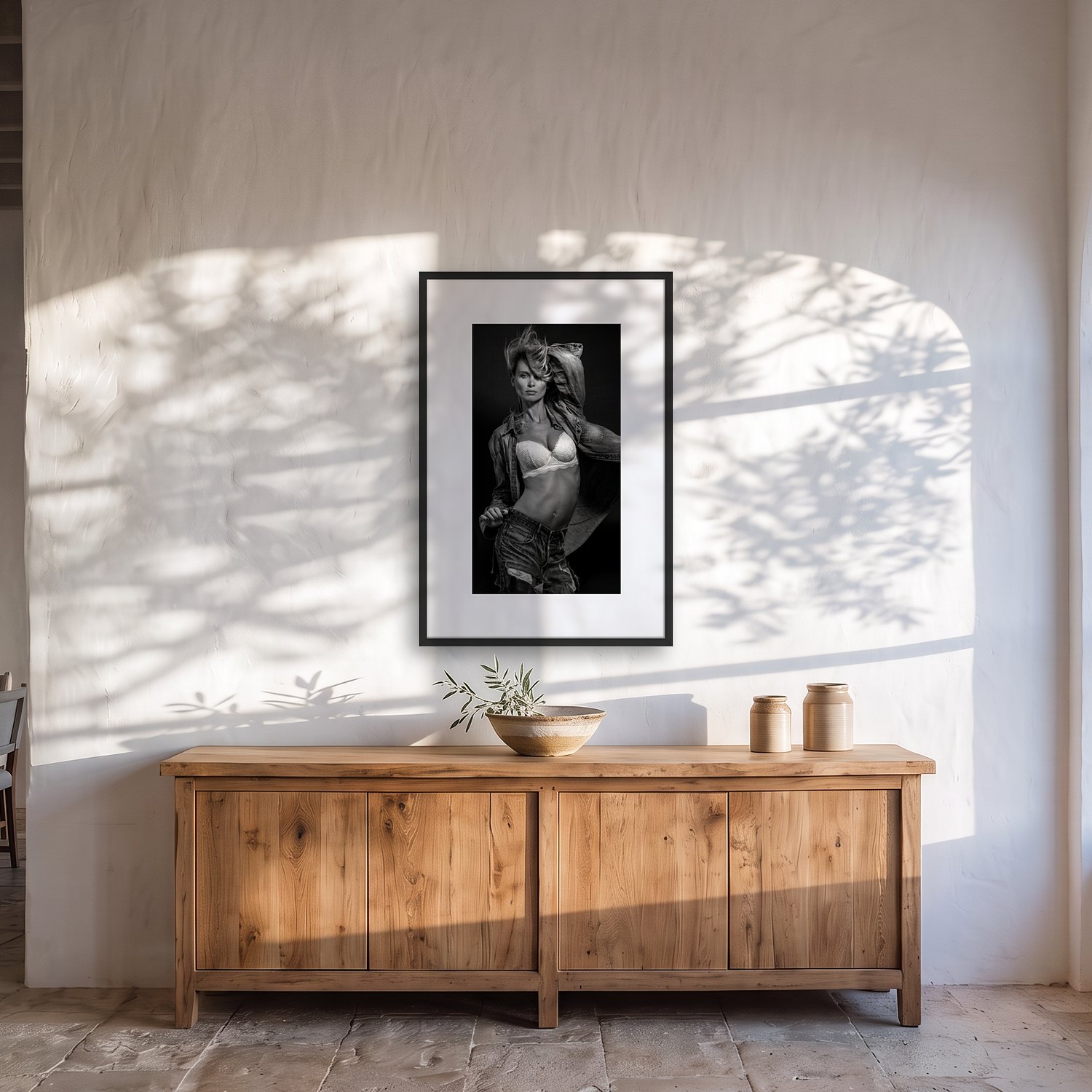 demin 2 Demin – black & white fine art print by Marcus Boéll, framed, shown in a dining room