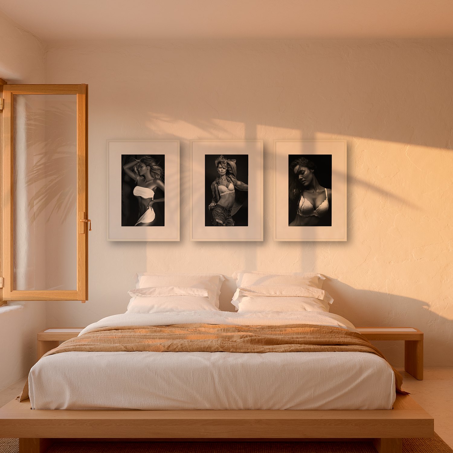 demin 3 Demin – black & white fine art print by Marcus Boéll, framed, shown in a bedroom