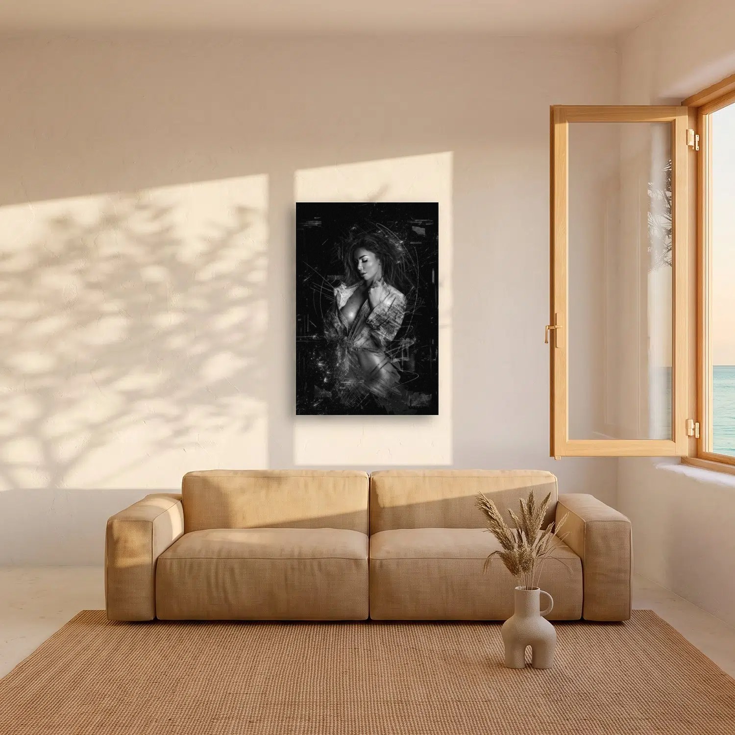 Es Molinar – Graphic Art · Black · Monochrome 3 Es Molinar – graphic art canvas print by Marcus Boéll (black background, monochrome), shown in a living room