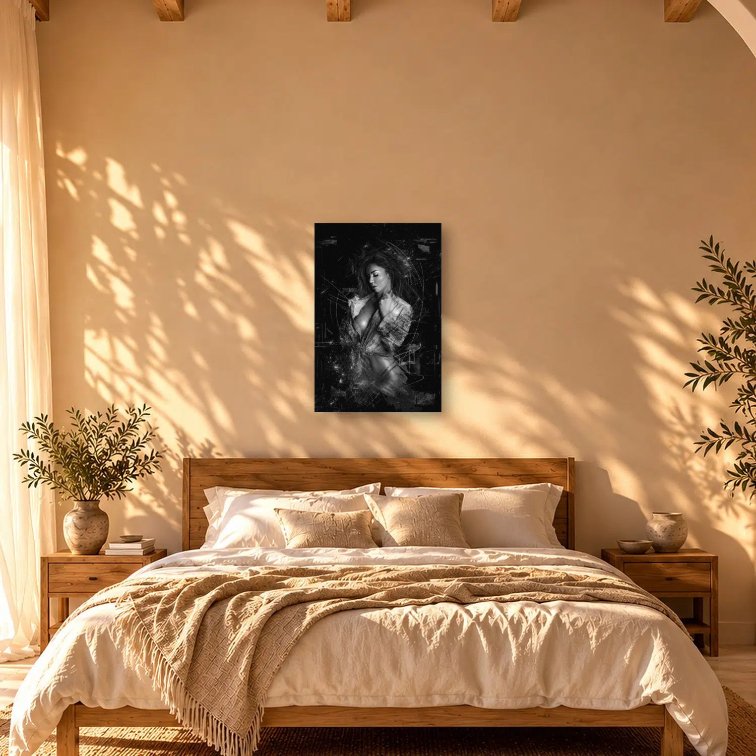 Es Molinar – Graphic Art · Black · Monochrome 4 Es Molinar – graphic art canvas print by Marcus Boéll (black background, monochrome), shown in a bedroom