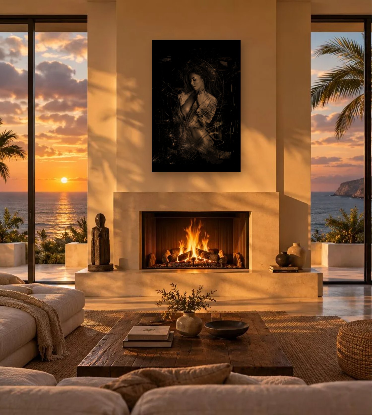 Es Molinar – Graphic Art · Black · Monochrome 2 Es Molinar – graphic art canvas print by Marcus Boéll (black background, monochrome), shown in a living room