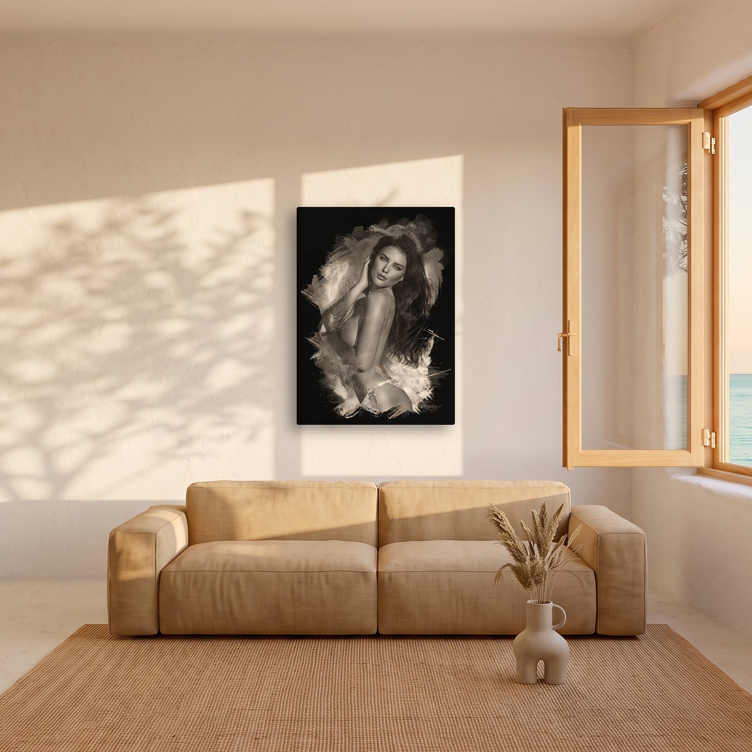 Estellencs – Graphic Art · Black · Monochrome 2 Estellencs – graphic art canvas print by Marcus Boéll (black background, monochrome), shown in a living room