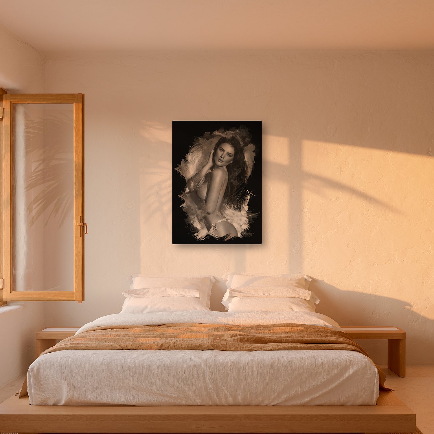 Estellencs – Graphic Art · Black · Monochrome 3 Estellencs – graphic art canvas print by Marcus Boéll (black background, monochrome), shown in a bedroom
