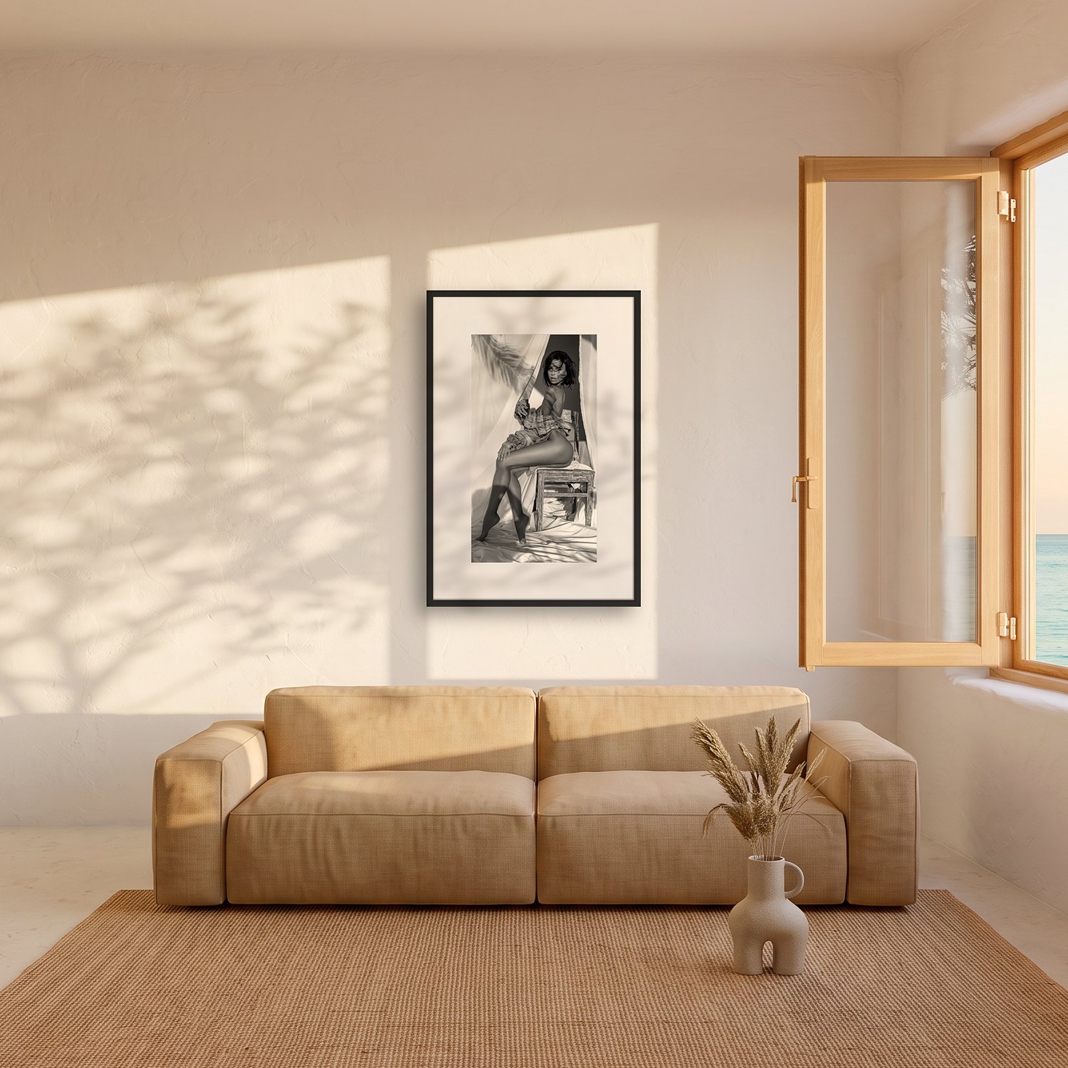 Ferrera 2 Ferrera – black & white fine art print by Marcus Boéll, framed, shown in a living room