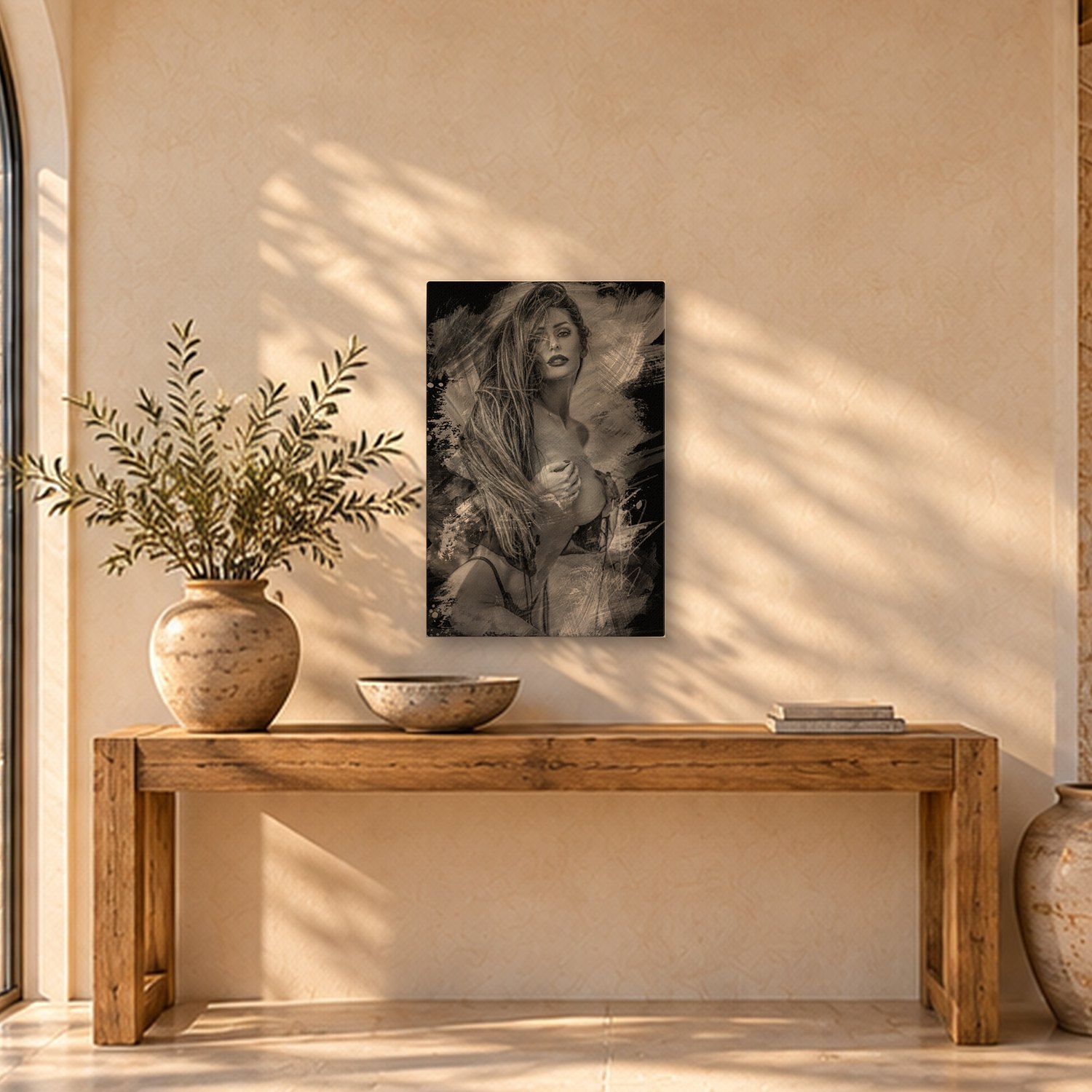 Formentor – Graphic Art · Black · Monochrome 2 Formentor – graphic art canvas print by Marcus Boéll (black background, monochrome), shown in an entrance hall