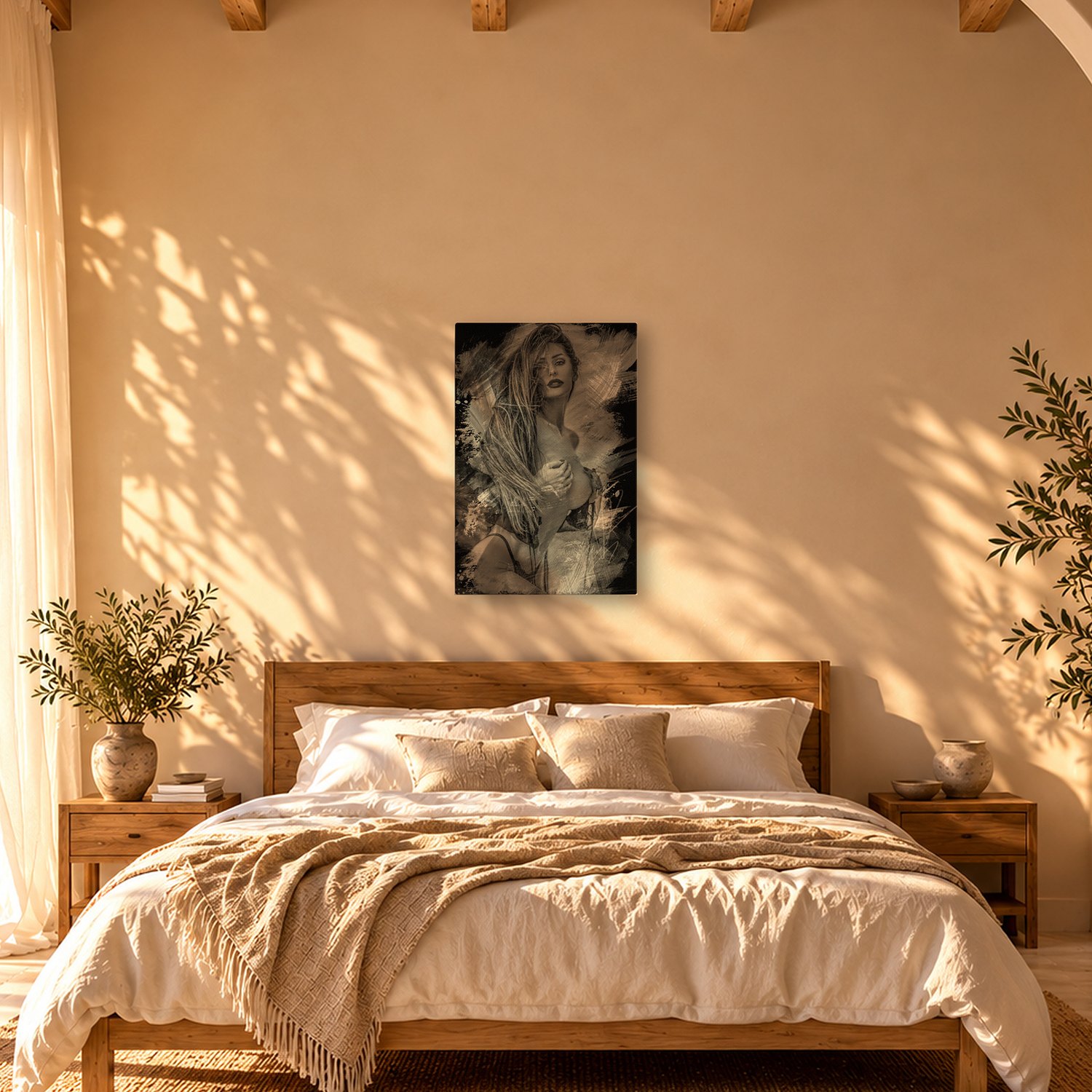 Formentor – Graphic Art · Black · Monochrome 3 Formentor – graphic art canvas print by Marcus Boéll (black background, monochrome), shown in a bedroom
