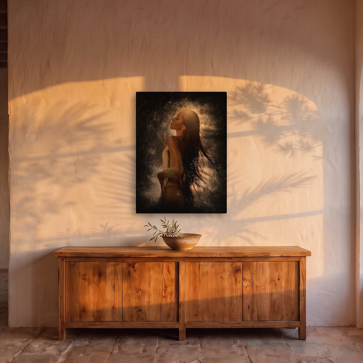 Fornalutx – Graphic Art · Black · Color 2 Fornalutx – graphic art canvas print by Marcus Boéll (black background, color), shown in a dining room