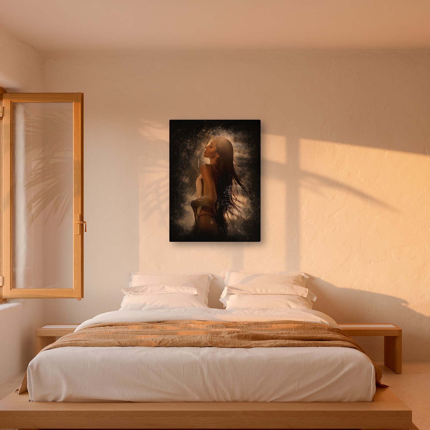 Fornalutx – Graphic Art · Black · Color 3 Fornalutx – graphic art canvas print by Marcus Boéll (black background, color), shown in a bedroom