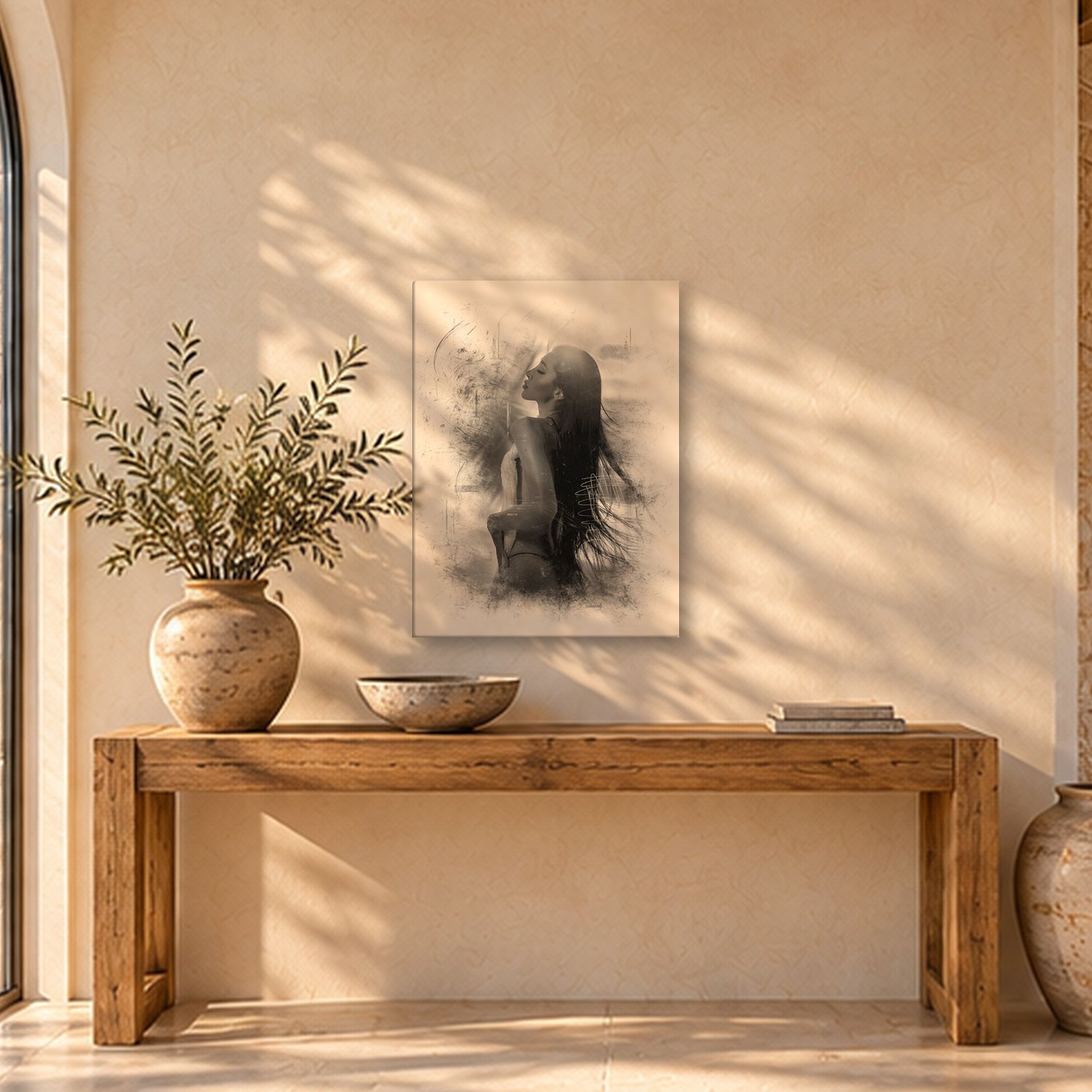 Fornalutx – Graphic Art · White · Monochrome 2 Fornalutx – graphic art canvas print by Marcus Boéll (white background, monochrome), shown in an entrance hall