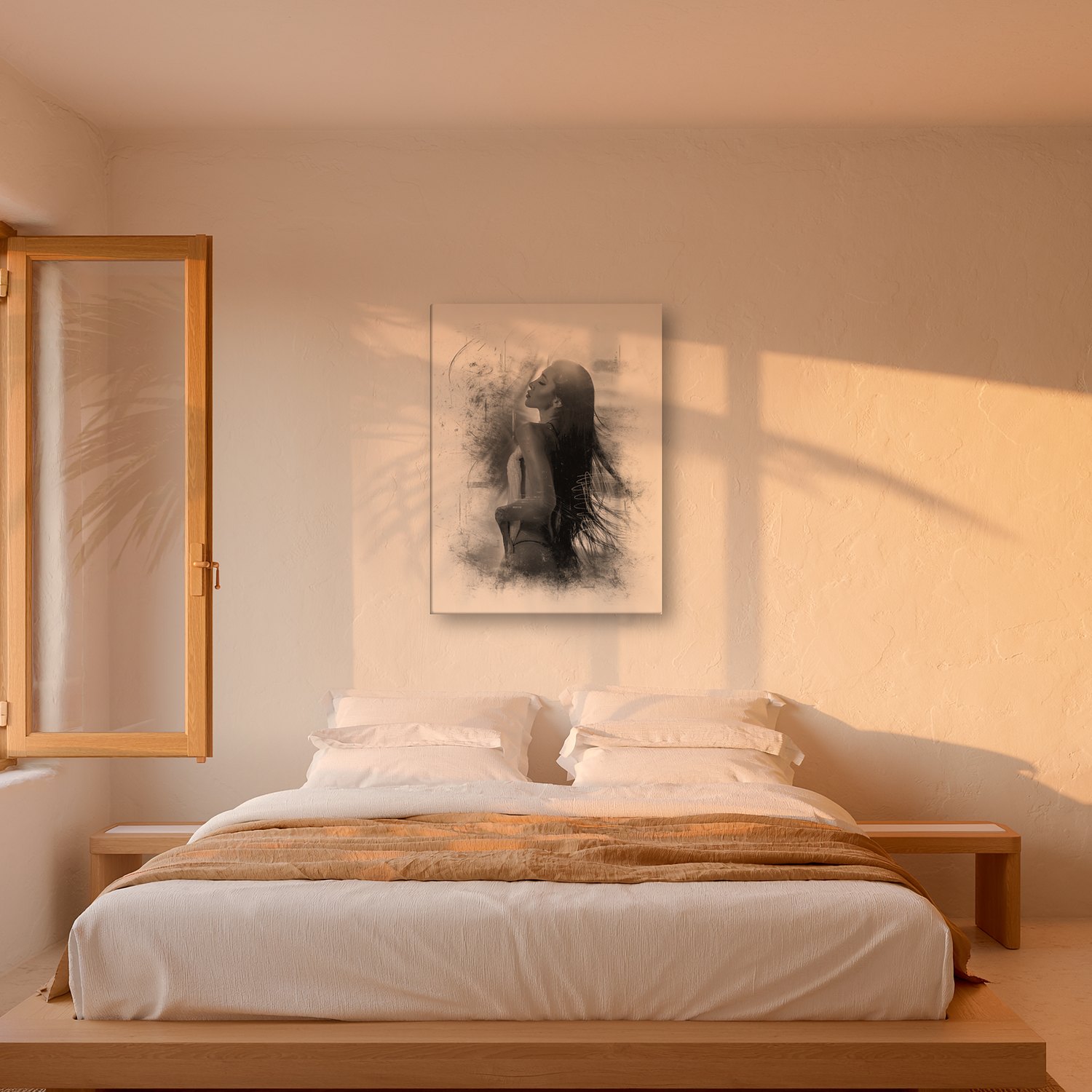 Fornalutx – Graphic Art · White · Monochrome 3 Fornalutx – graphic art canvas print by Marcus Boéll (white background, monochrome), shown in a bedroom