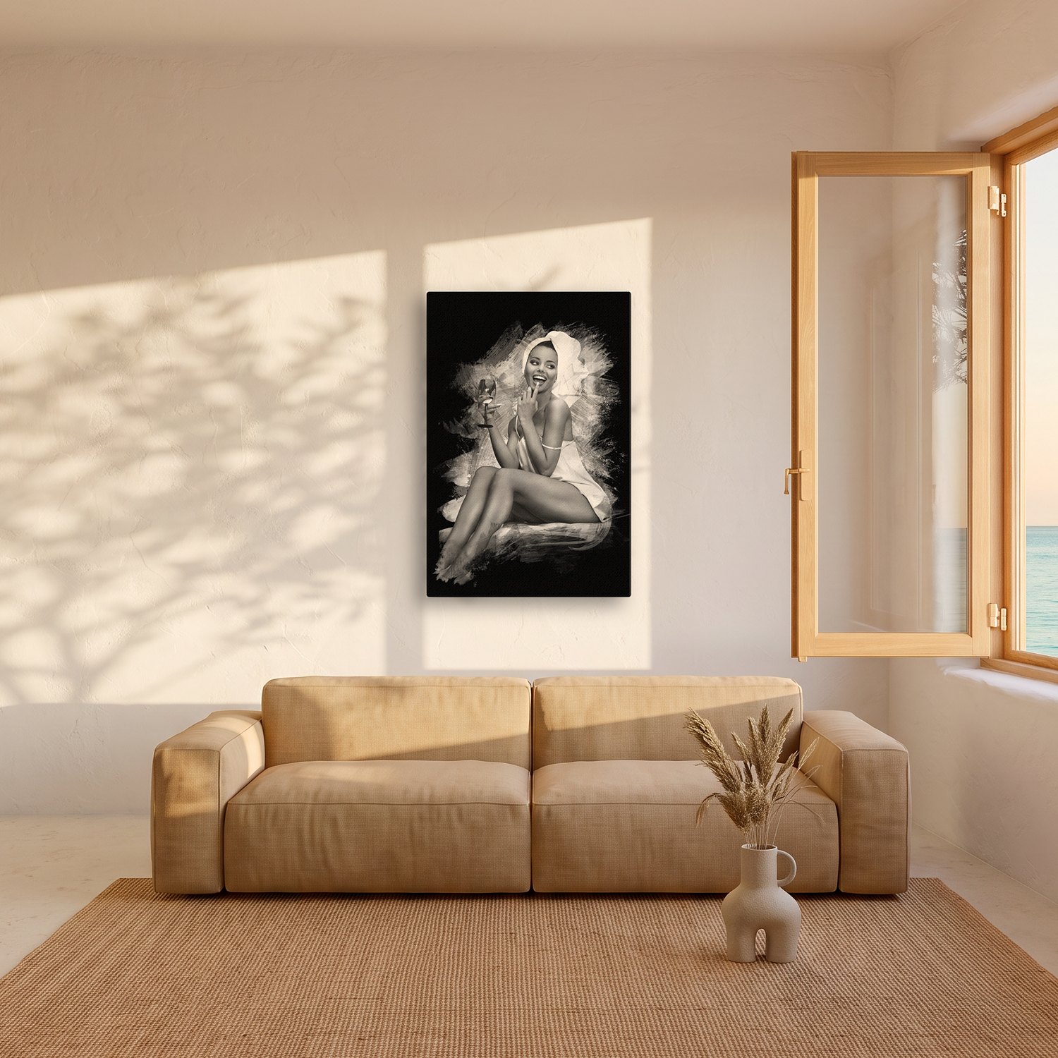 Fridays – Graphic Art · Black · Monochrome 2 Fridays – graphic art canvas print by Marcus Boéll (black background, monochrome), shown in a living room
