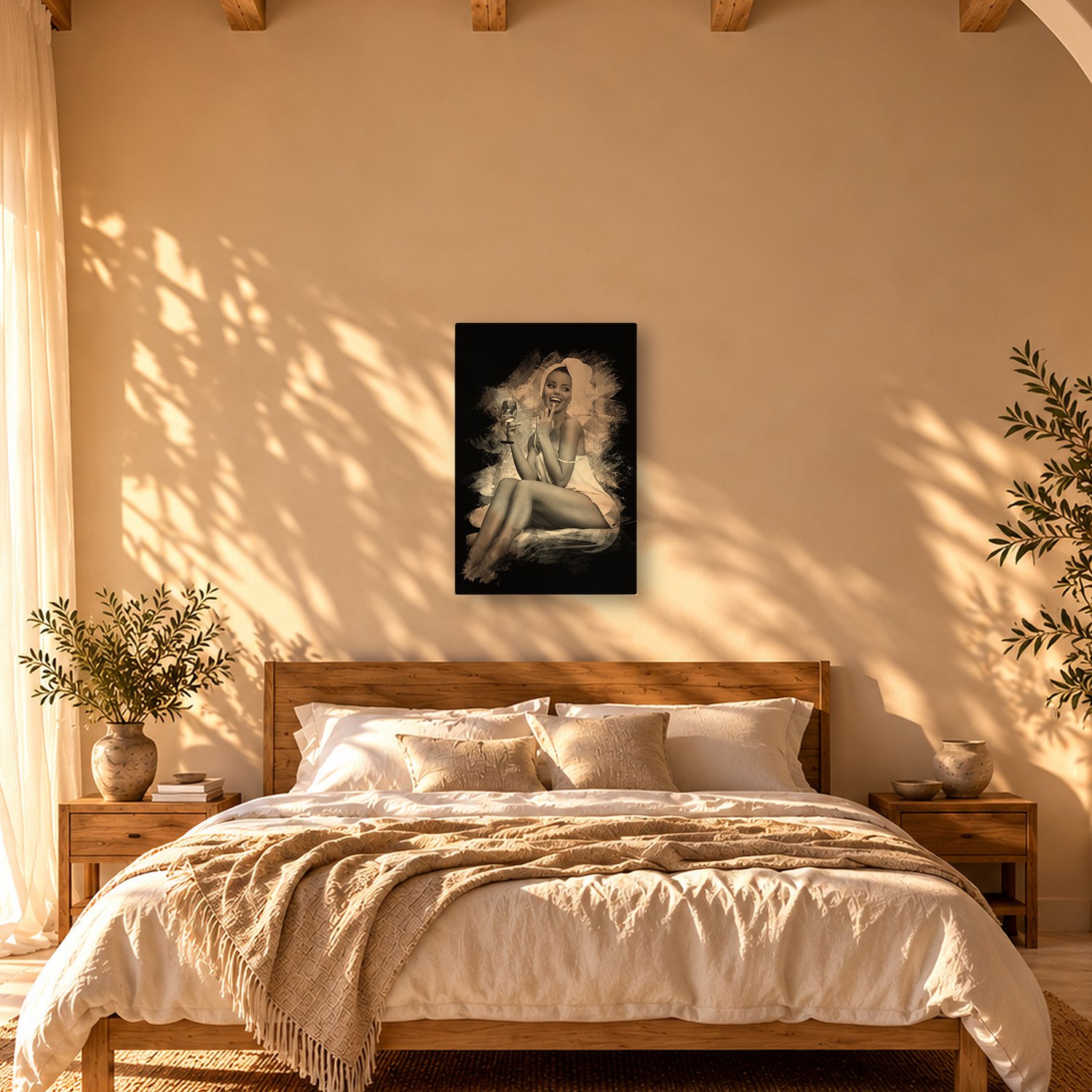 Fridays – Graphic Art · Black · Monochrome 3 Fridays – graphic art canvas print by Marcus Boéll (black background, monochrome), shown in a bedroom