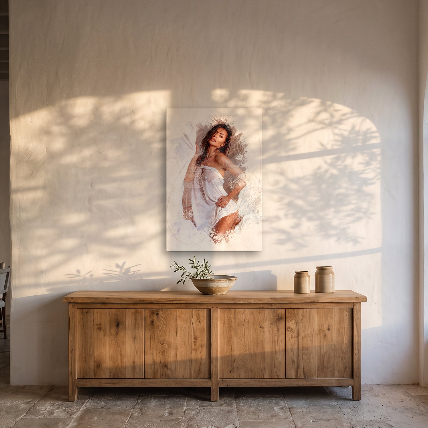 Galilea – Graphic Art · White · Color 2 Galilea – graphic art canvas print by Marcus Boéll (white background, color), shown in a dining room