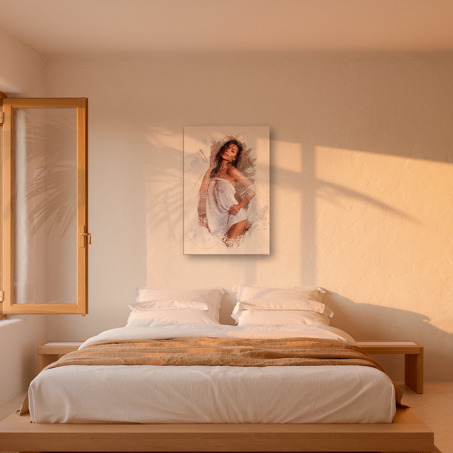 Galilea – Graphic Art · White · Color 3 Galilea – graphic art canvas print by Marcus Boéll (white background, color), shown in a bedroom
