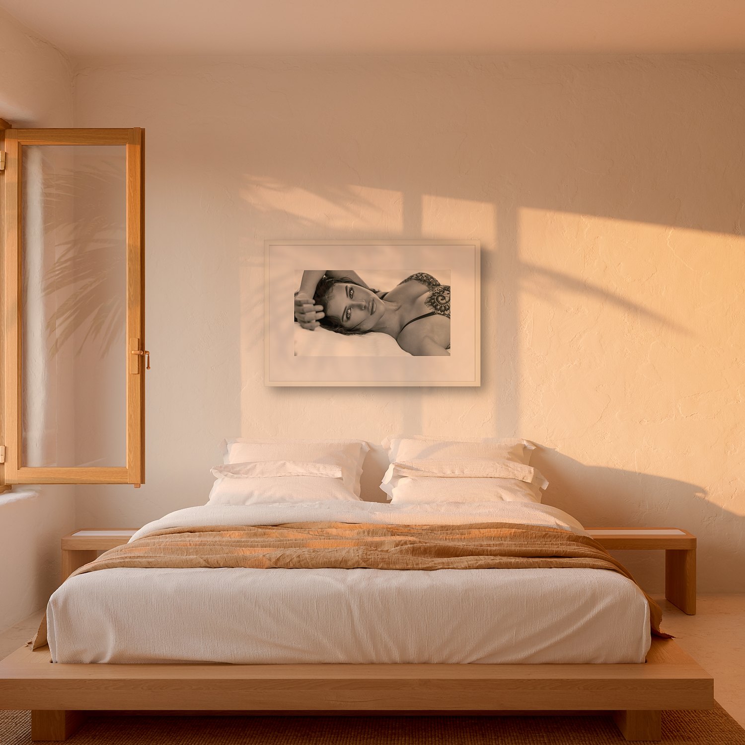 goog morning 2 Goog morning – black & white fine art print by Marcus Boéll, framed, shown in a bedroom