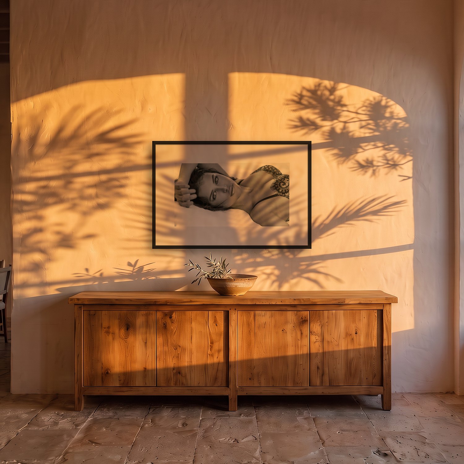 goog morning 3 Goog morning – black & white fine art print by Marcus Boéll, framed, shown in a dining room
