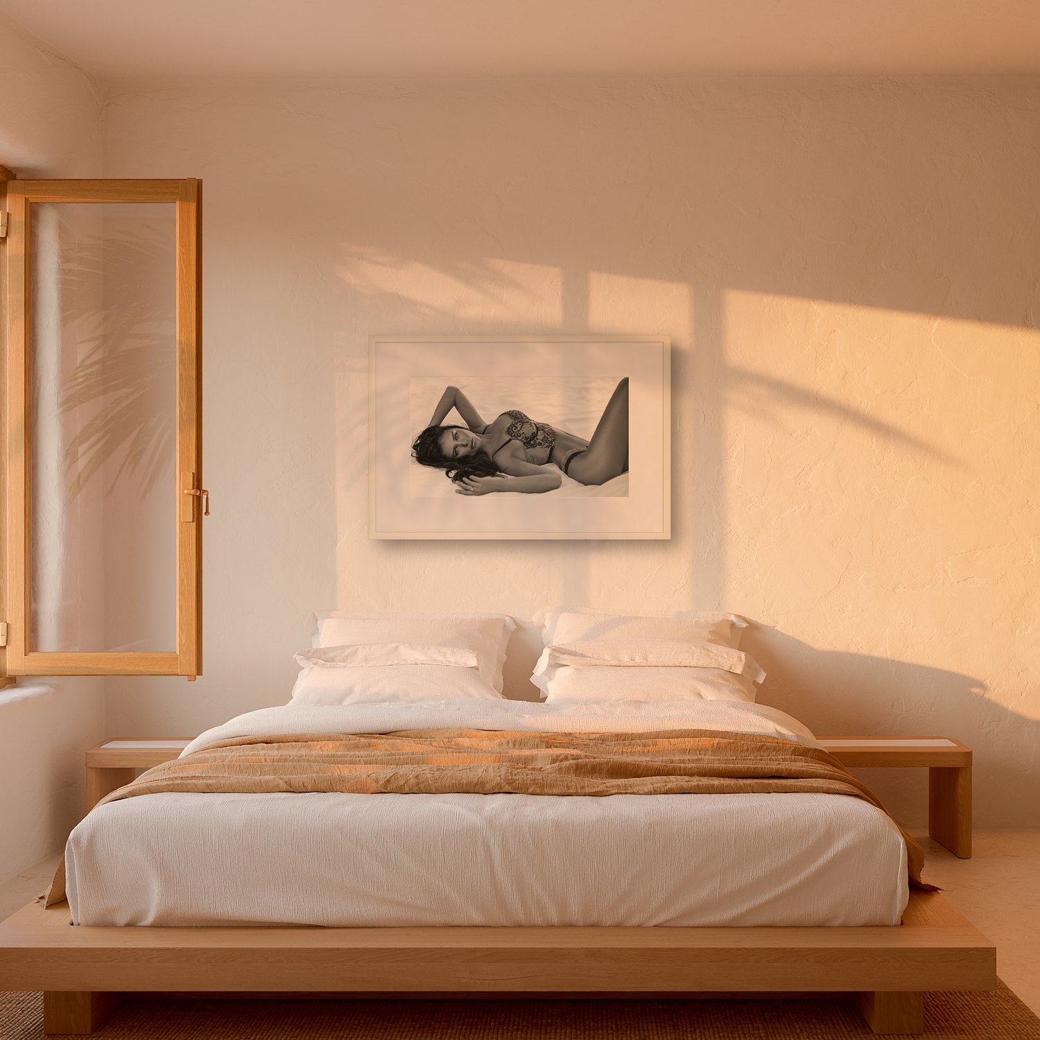 in the moment 2 In the moment – black & white fine art print by Marcus Boéll, framed, shown in a bedroom