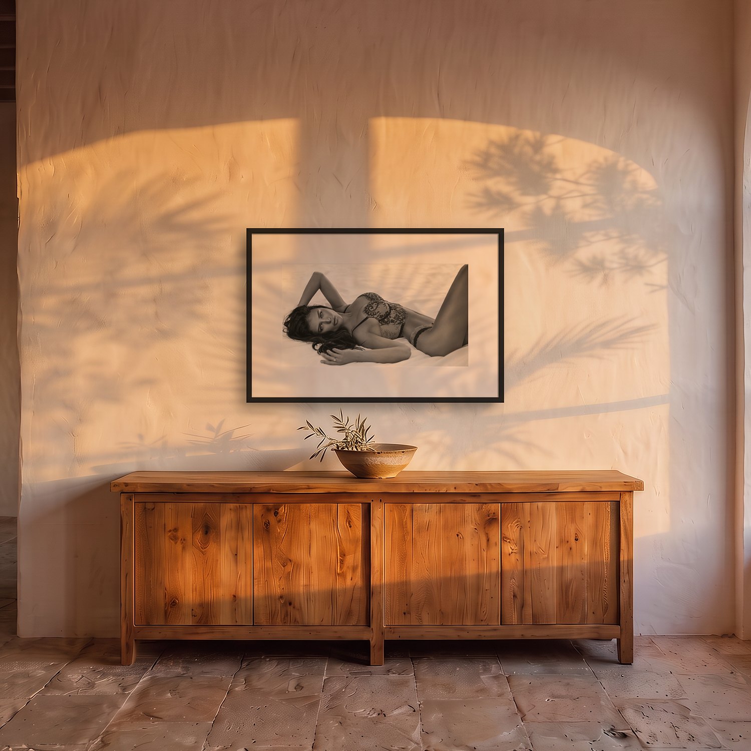 in the moment 3 In the moment – black & white fine art print by Marcus Boéll, framed, shown in a dining room