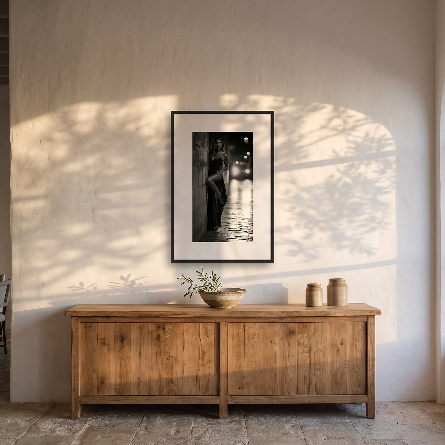 kiss me 2 Kiss me – black & white fine art print by Marcus Boéll, framed, shown in a dining room