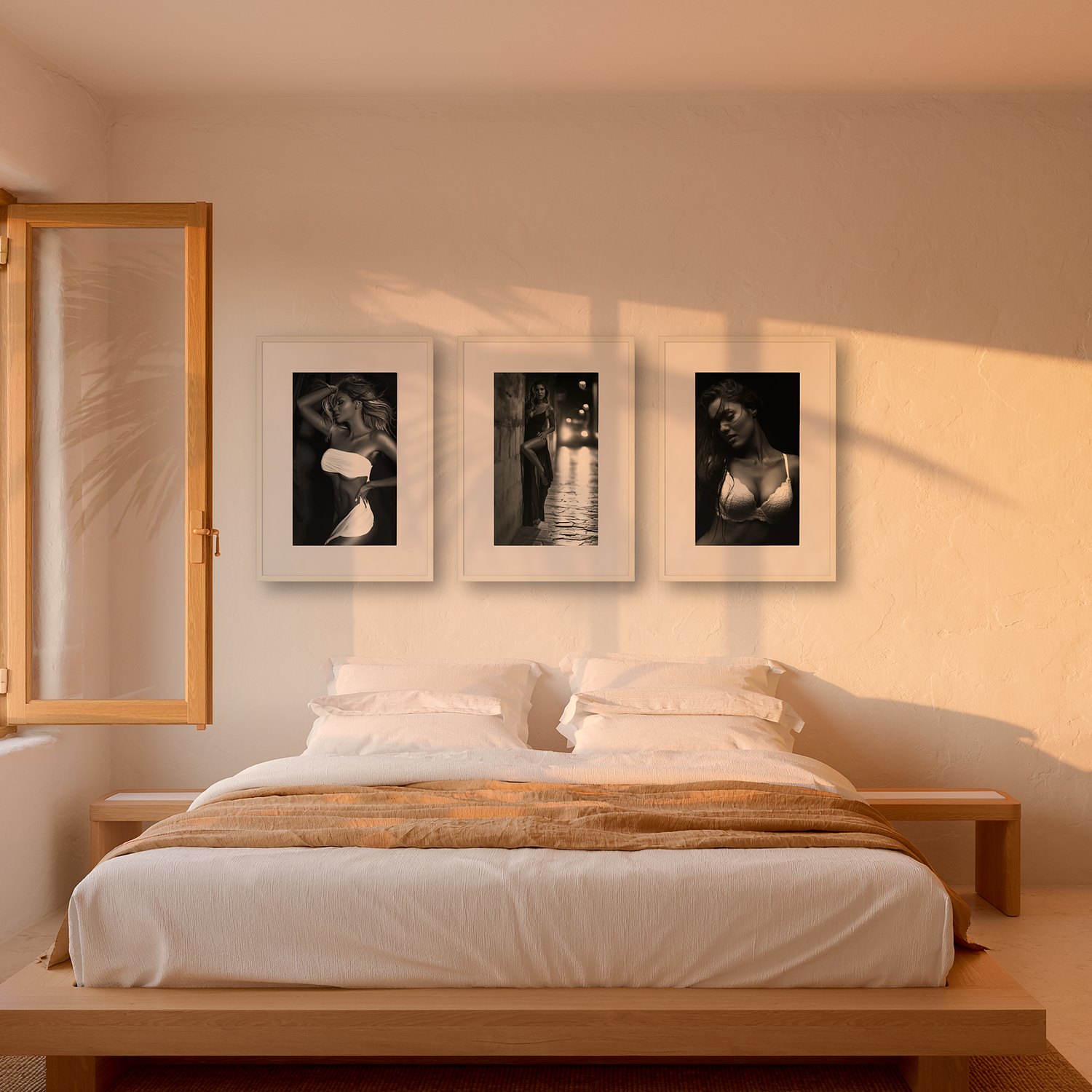 kiss me 3 Kiss me – black & white fine art print by Marcus Boéll, framed, shown in a bedroom