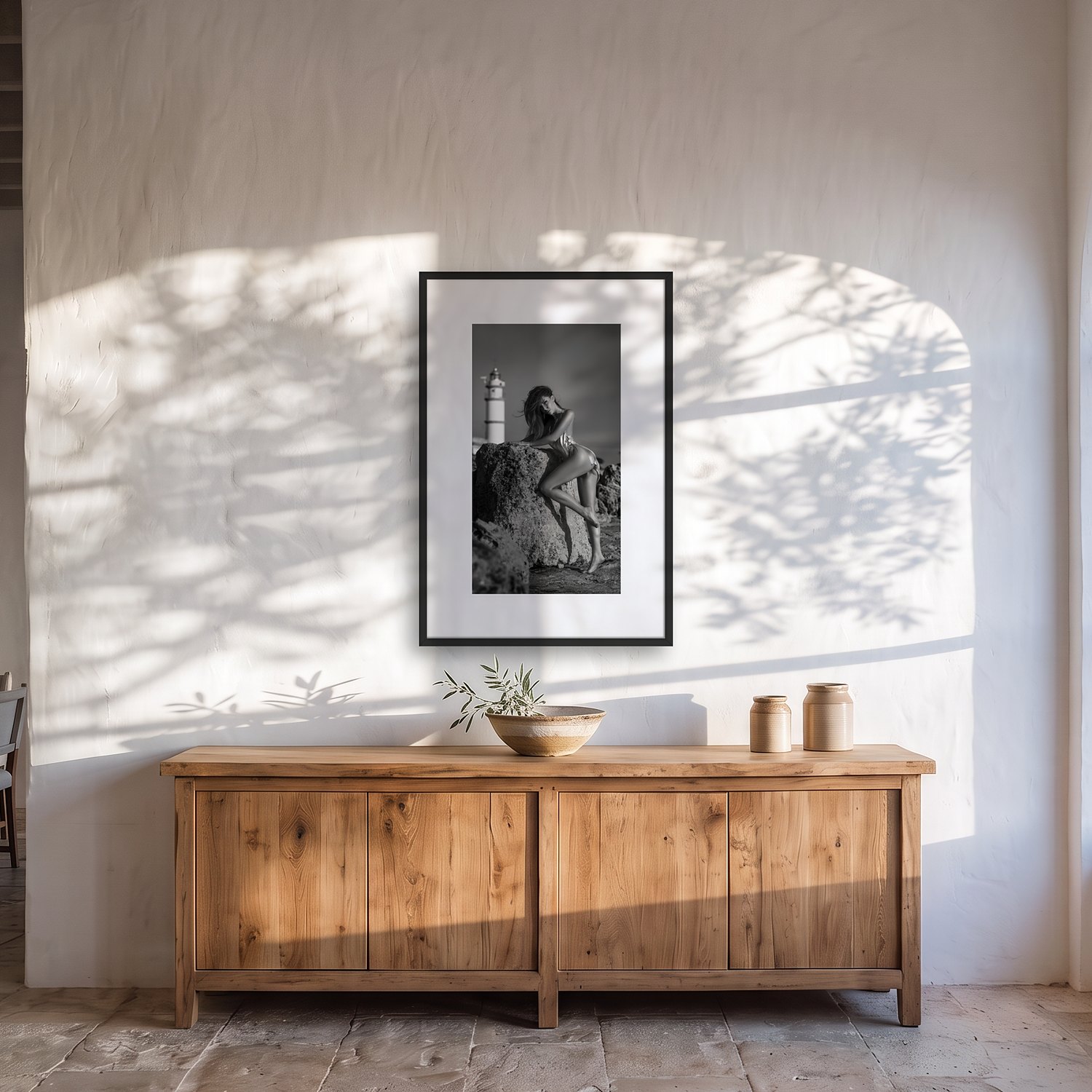 Llombards 2 Llombards – black & white fine art print by Marcus Boéll, framed, shown in a dining room