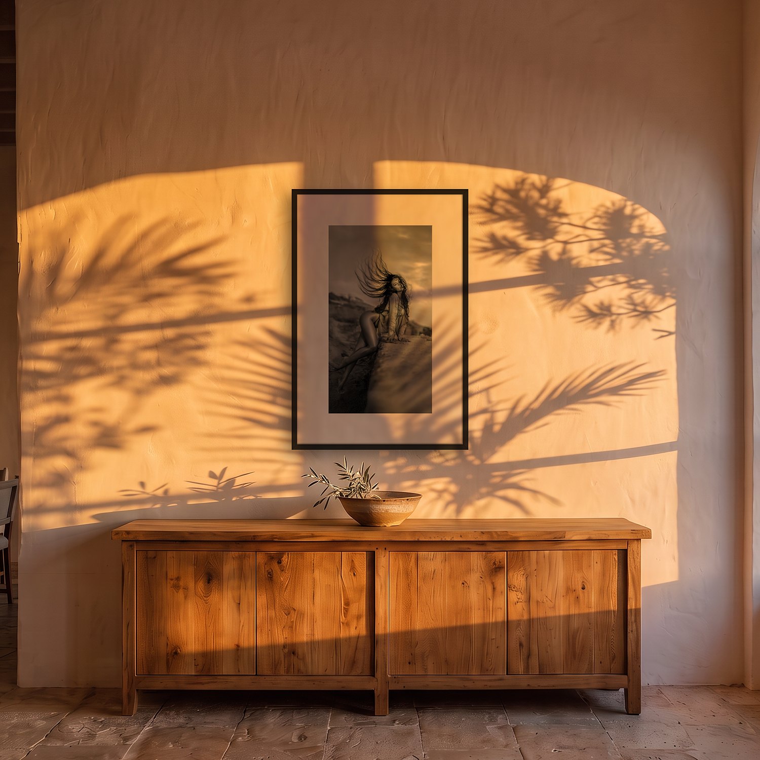 Magrana 2 Magrana – black & white fine art print by Marcus Boéll, framed, shown in a dining room