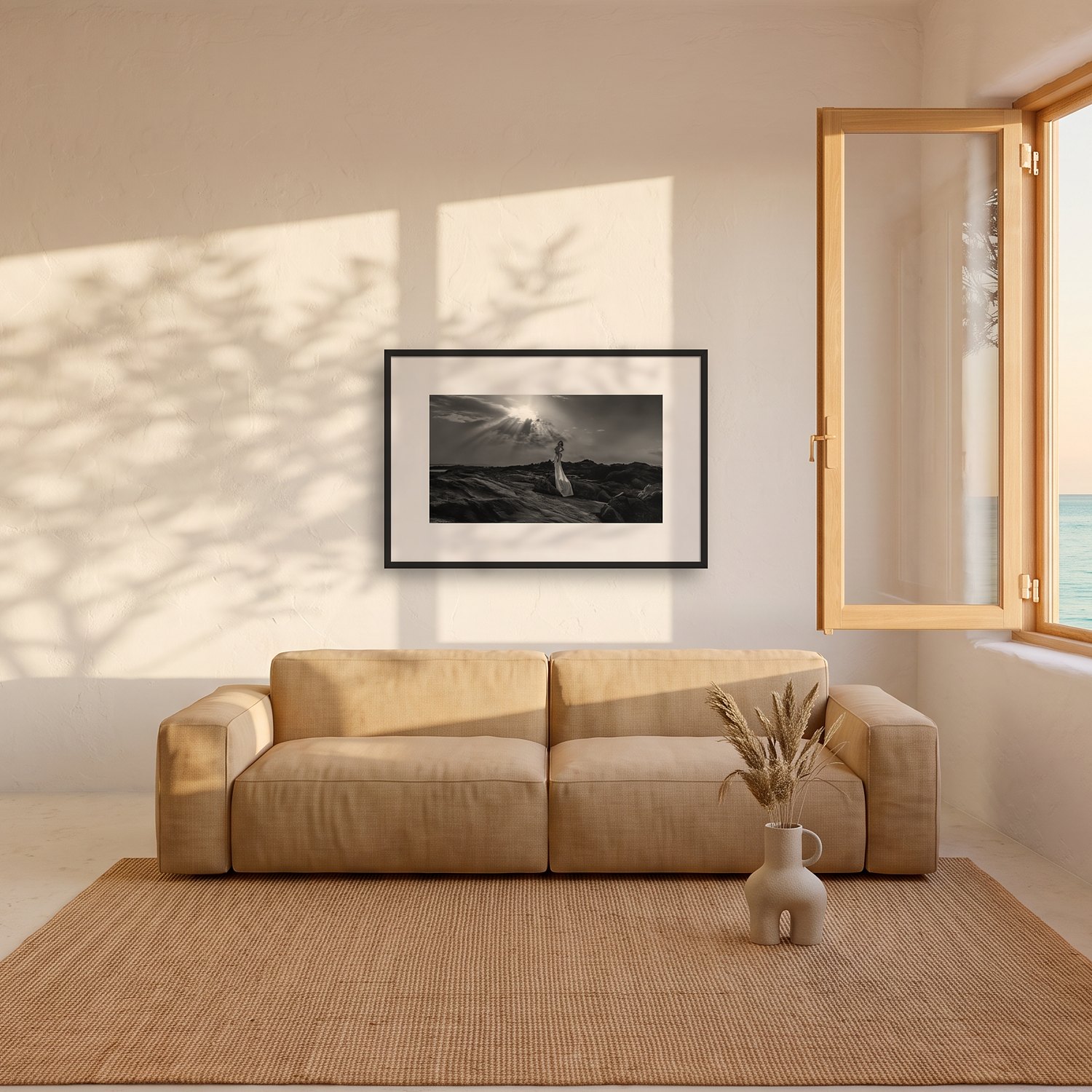 Mallorca dreams 3 Mallorca dreams – black & white fine art print by Marcus Boéll, framed, shown in a living room
